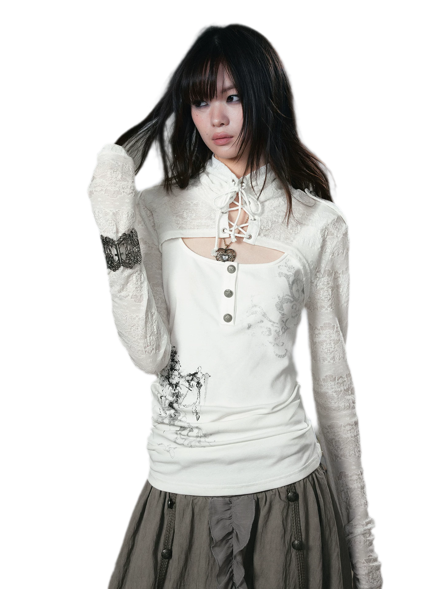 Silver Foil Gothic Lace-Up Top