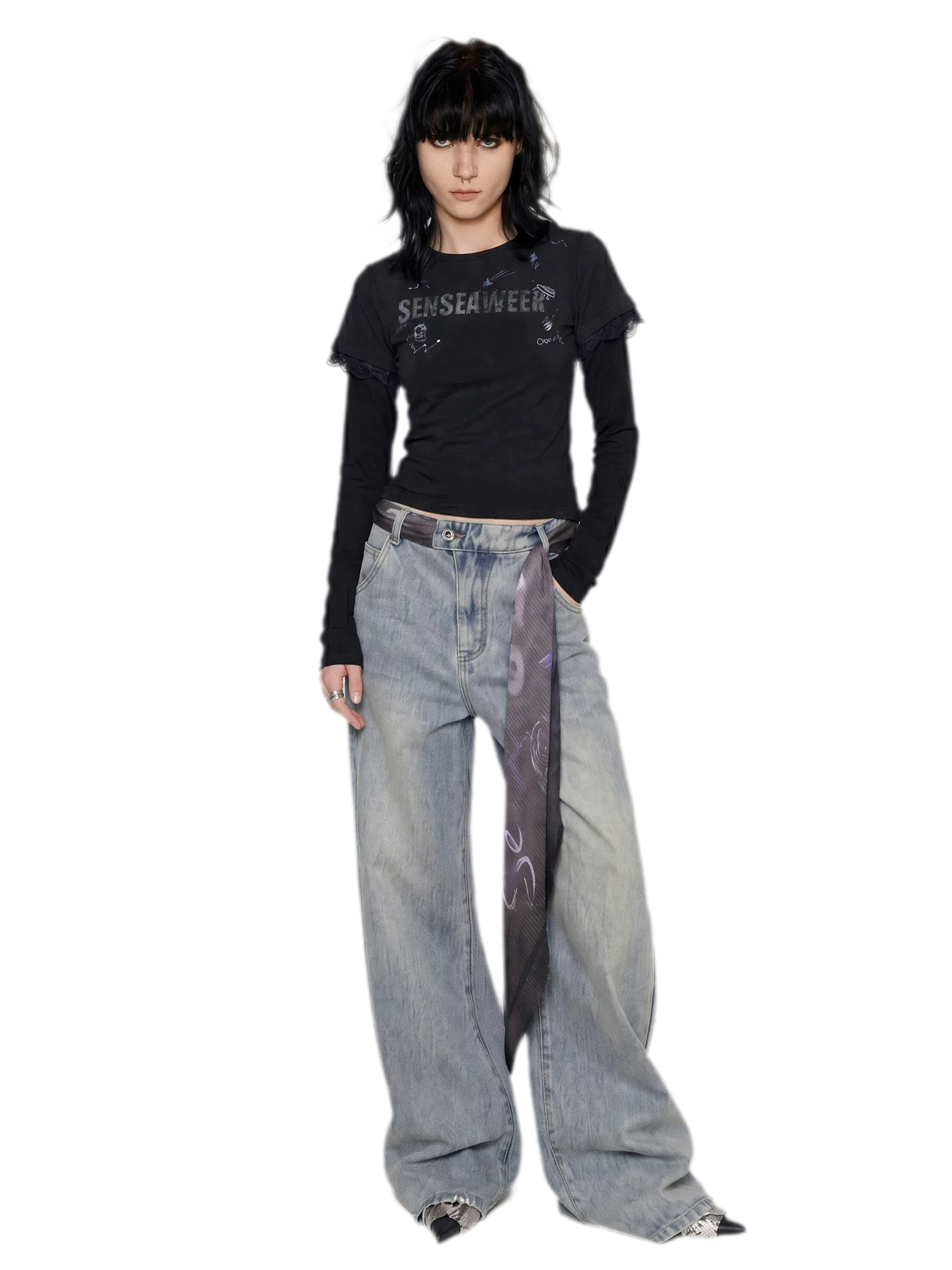 Scarf Tie Wide-Leg Jeans