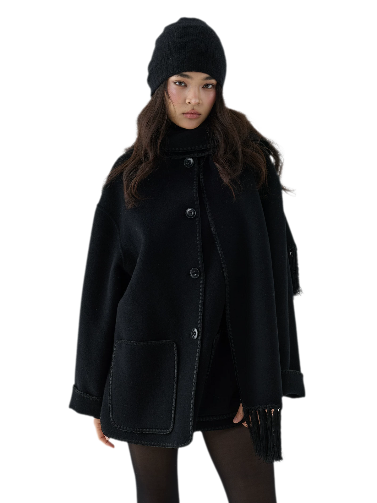 Double-Faced Wool Fringe Cape Coat