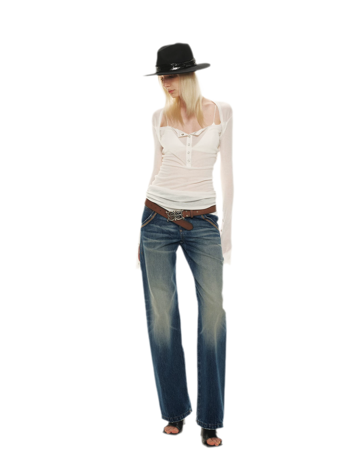 Classic Vintage Washed Distressed Wide-Leg Jeans