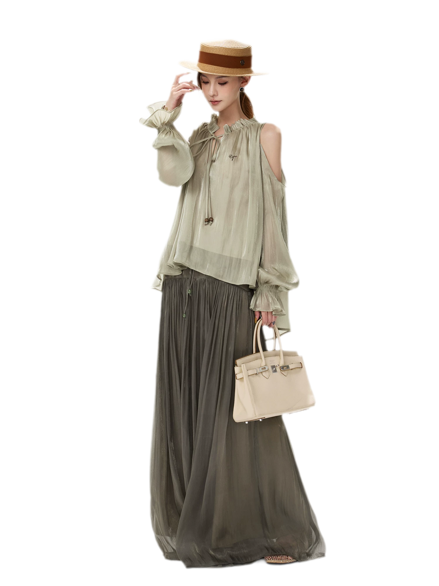Pearlescent Crushed Chiffon Skirt-Pants
