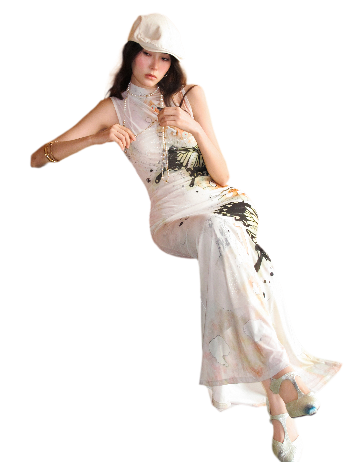 Hand-Painted Butterfly Print Two-Piece Dress Set