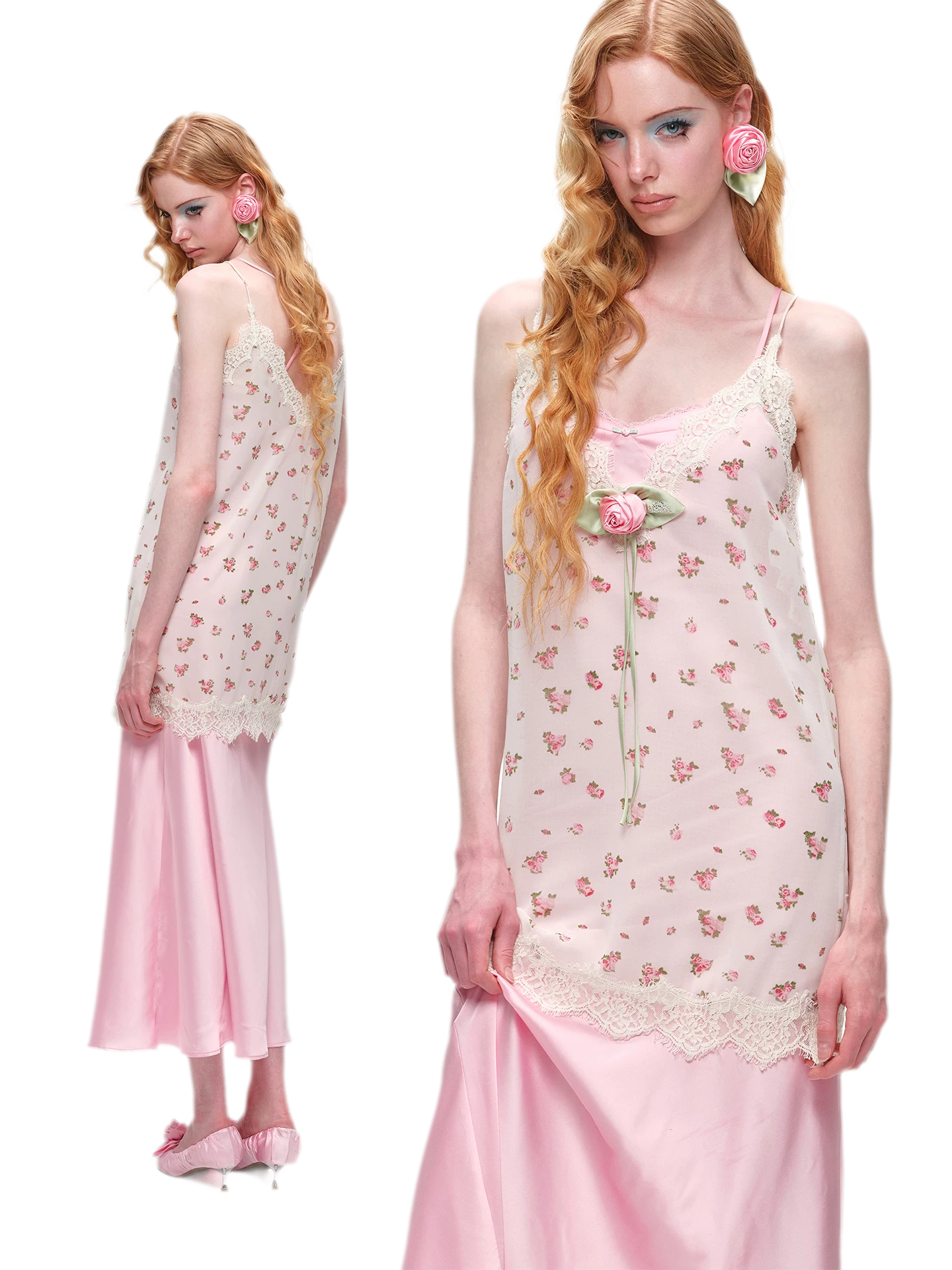 Deep V-Neck Lace Chiffon Satin Dress