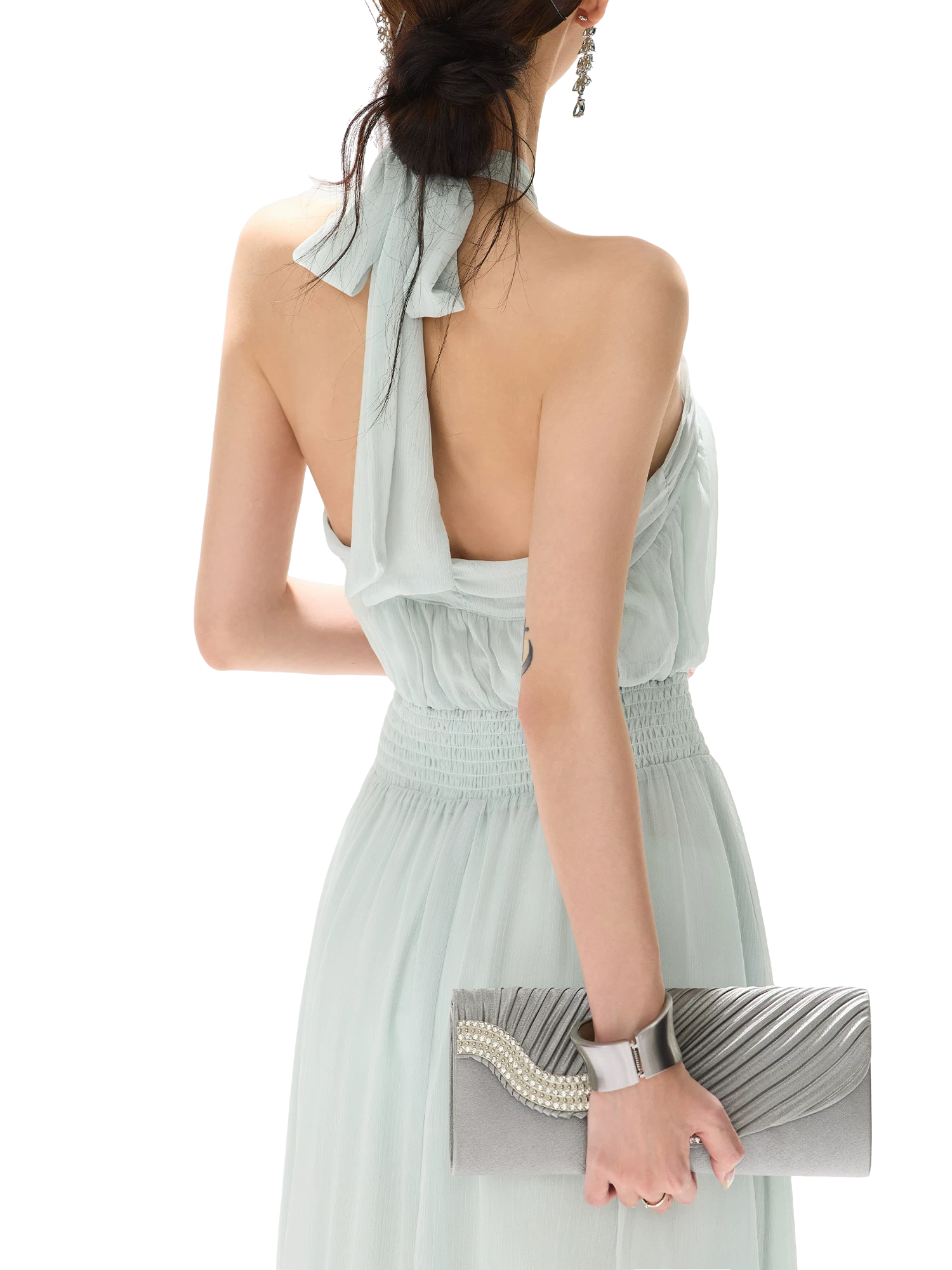Misty Blue Halter Neck Chiffon Long Dress