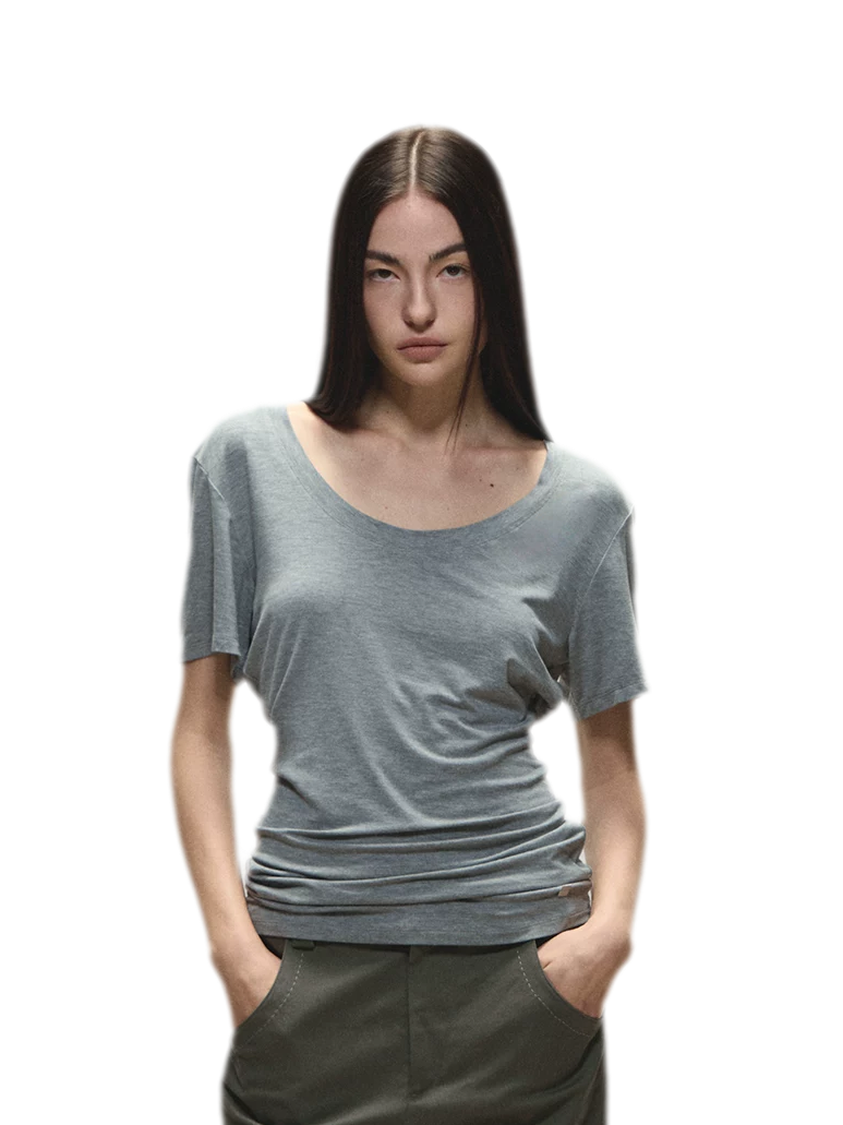 Relaxed Fit Mid-Length Two-Tone Classic U-Neck T-shirt
