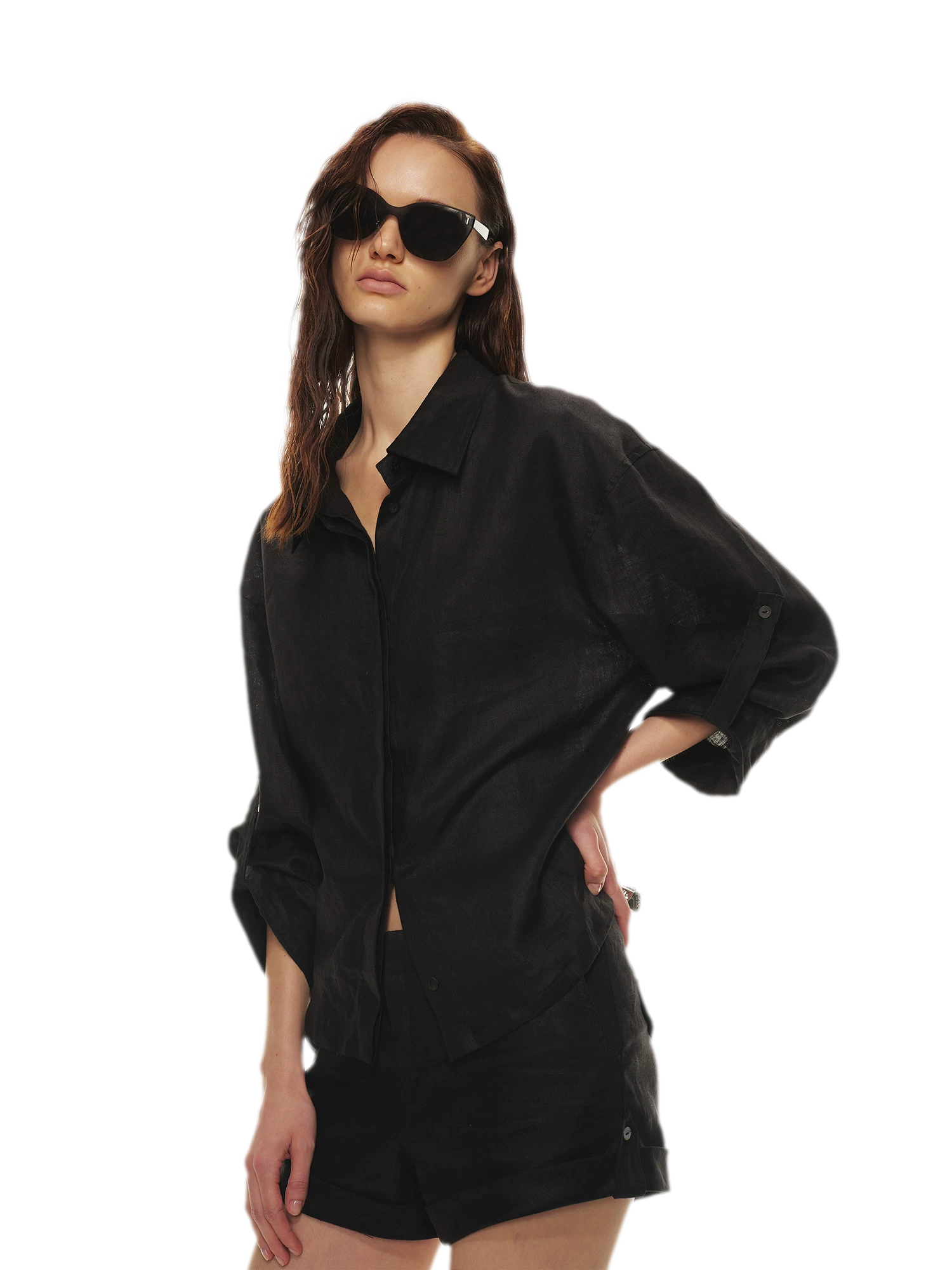 Linen Waist-Defined Shirt & Low-Rise Rolled Shorts Set