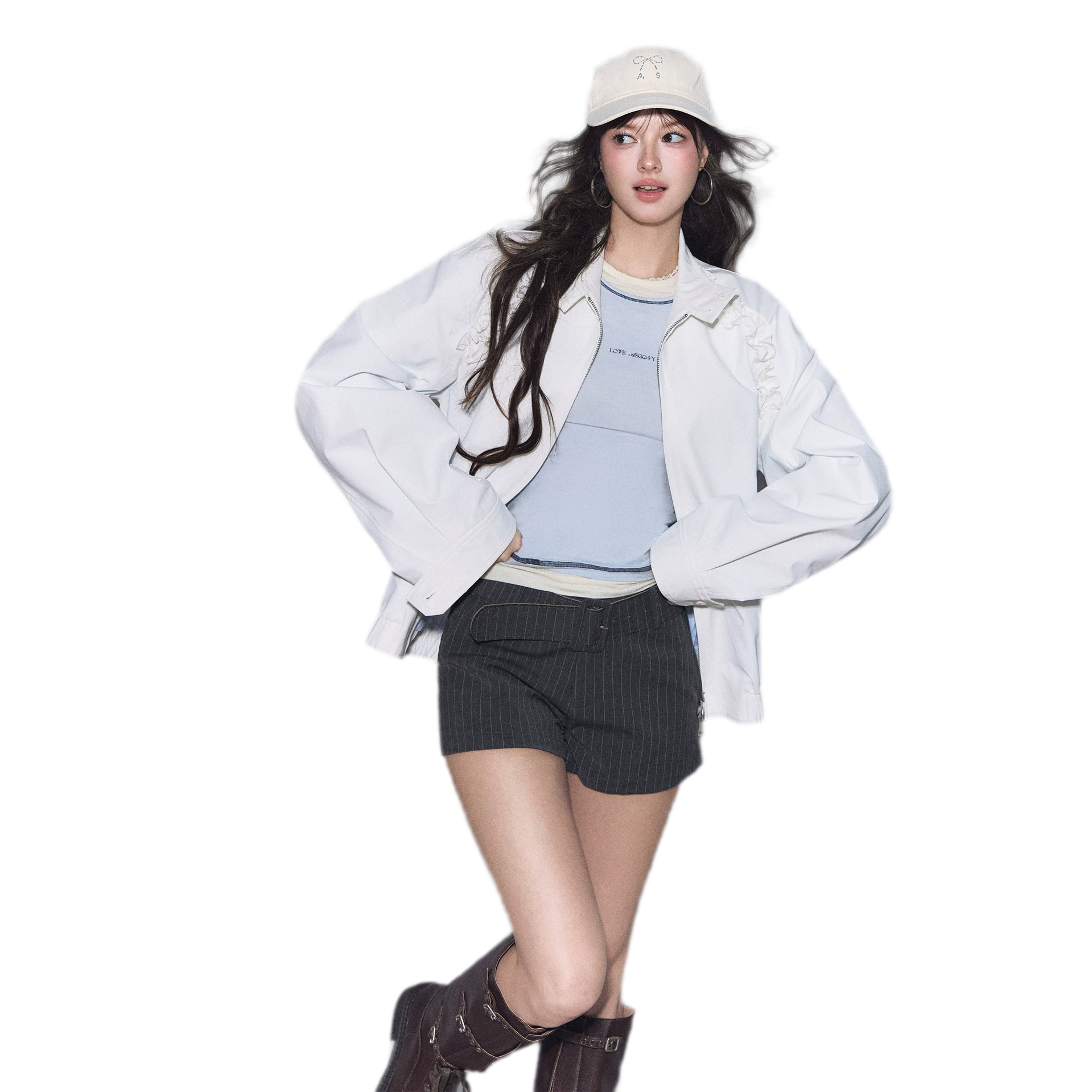 Ruffled Stand Collar Harrington Jacket