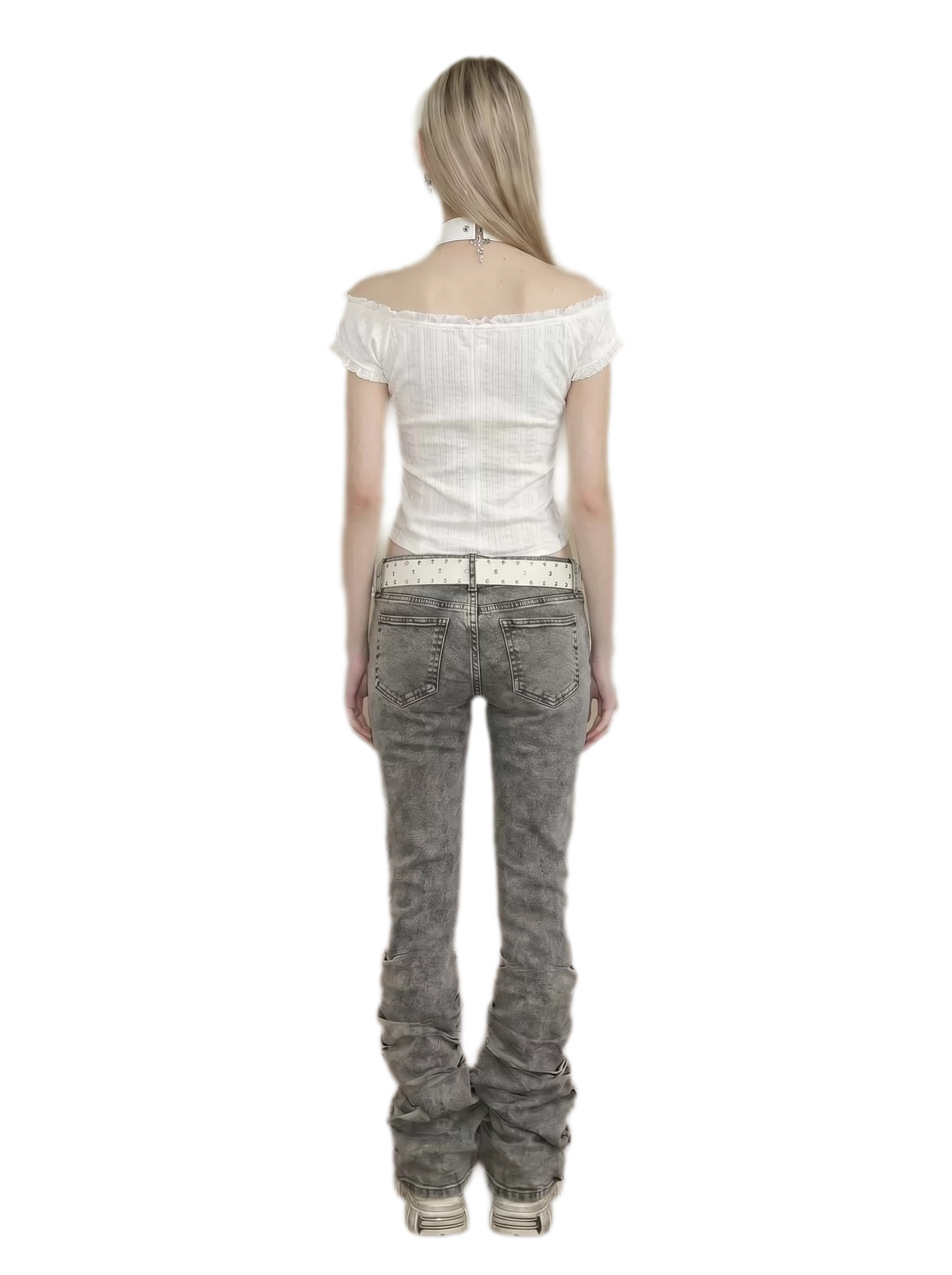 Washed Low-Rise Ruched Flare Jeans