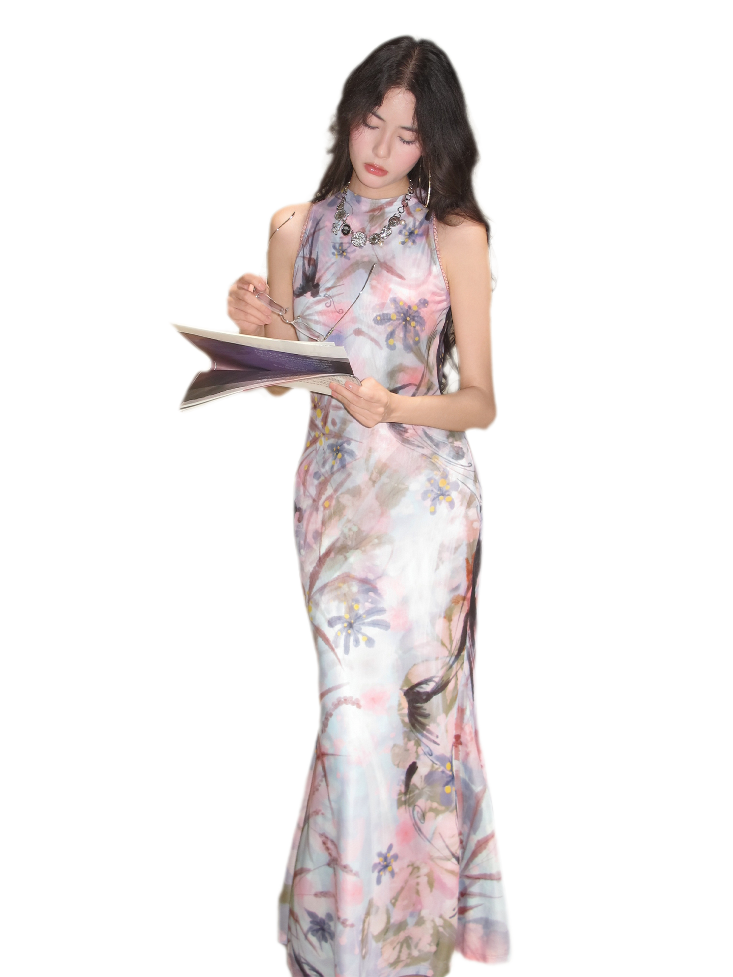 Printed Mock Neck Mermaid Dress