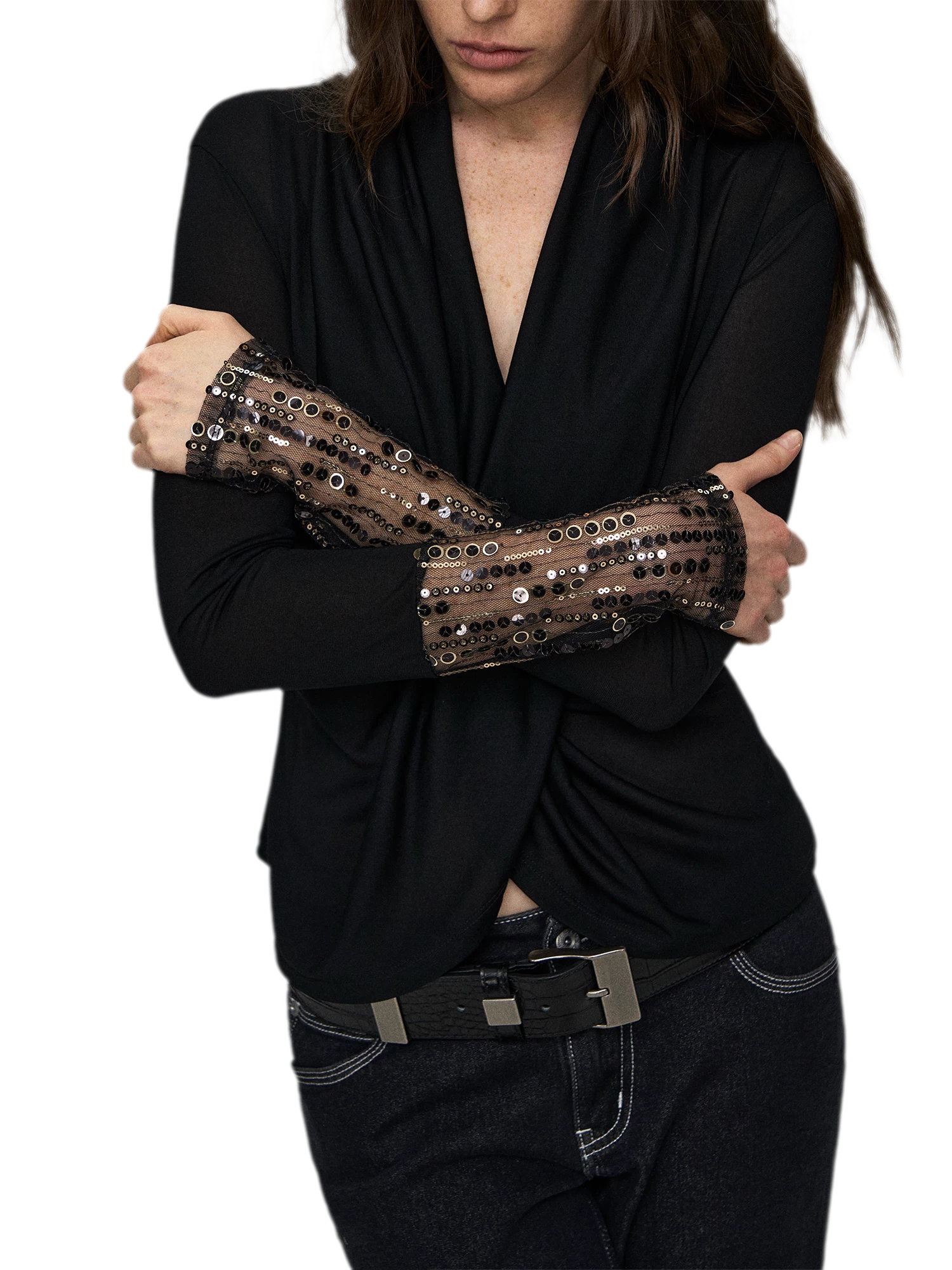 Embroidered Acetate Silk Cross-Knot Long Sleeve T-Shirt