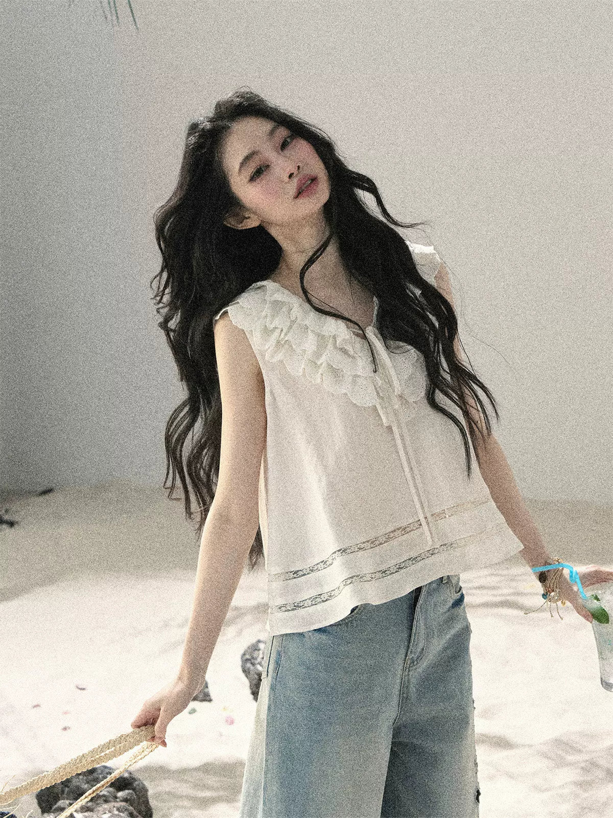Flowing Moonlight Lace Ruffle Short Blouse
