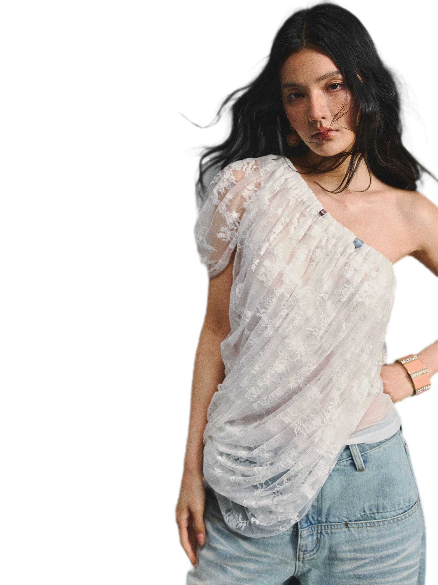 Lace Ruched Asymmetric Top