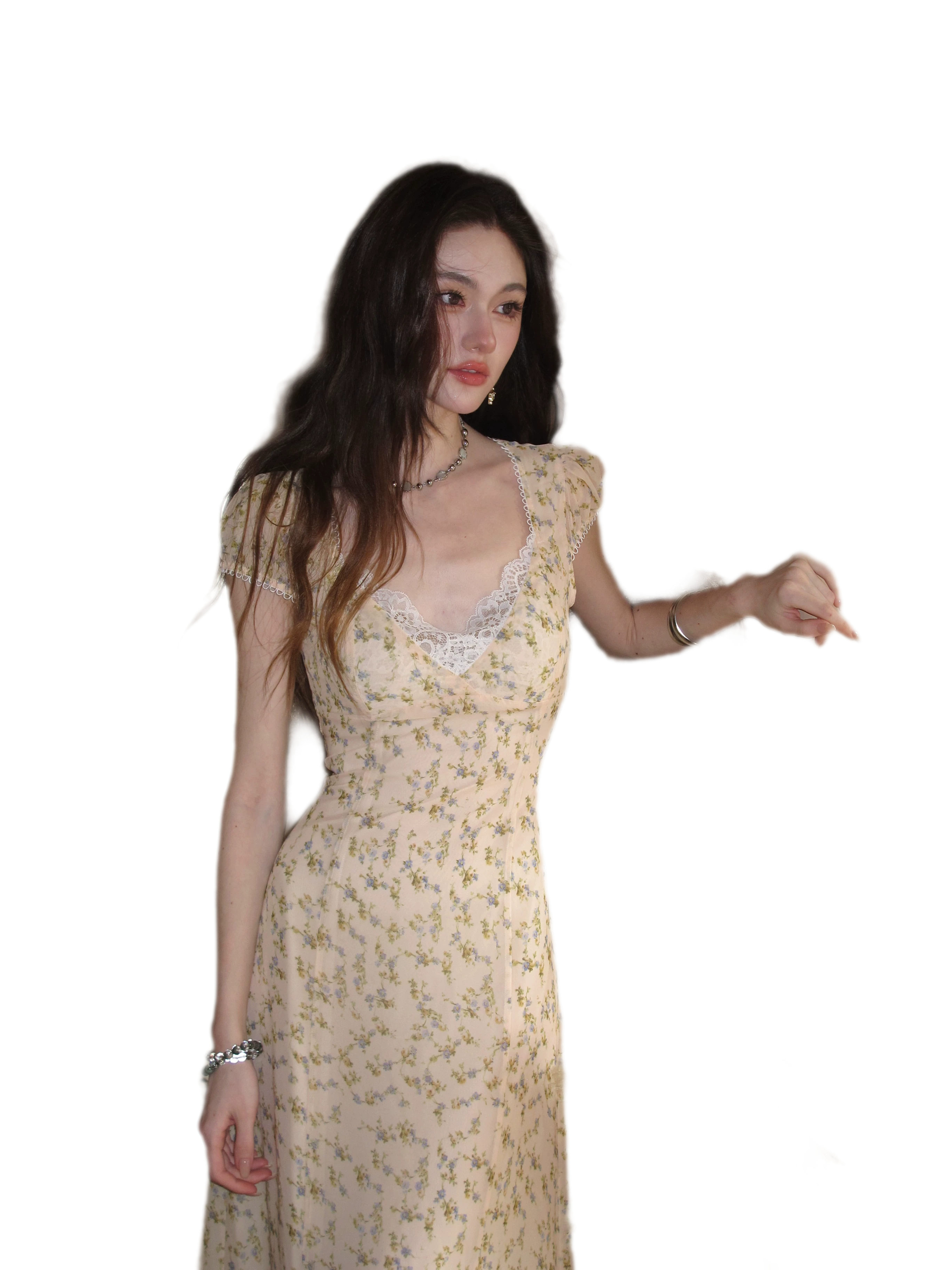 Lace V-Neck Long Dress