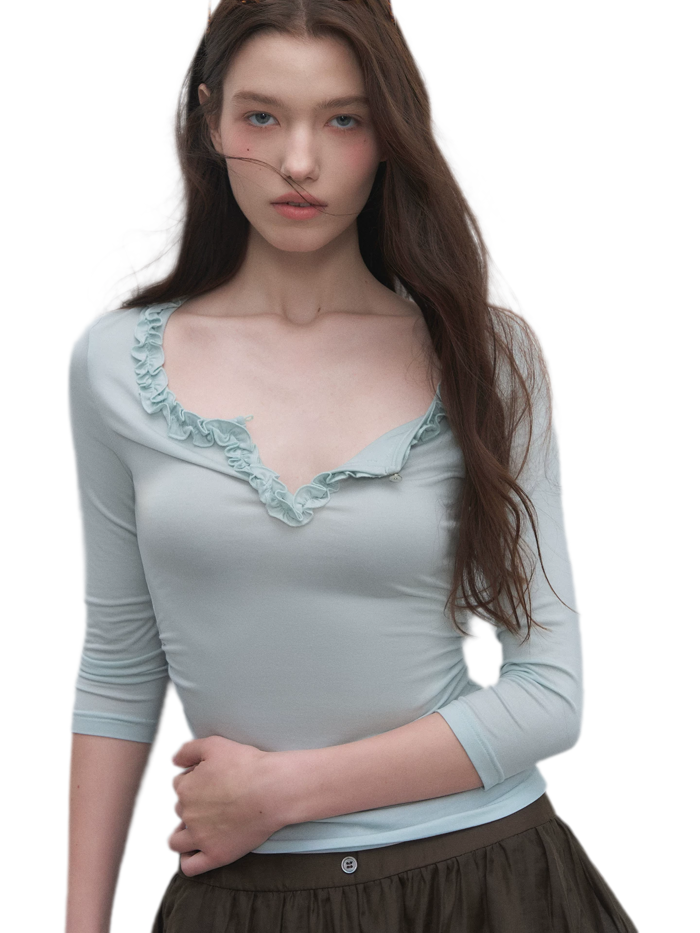 Ruffled Neck Stretch Tee