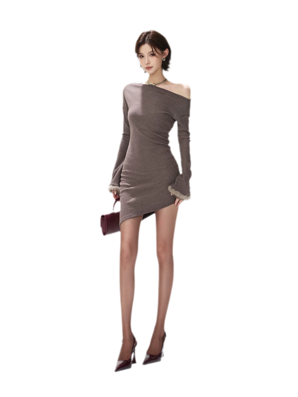 Asymmetrisches Kleid mit Fuchspelz-Bündchen