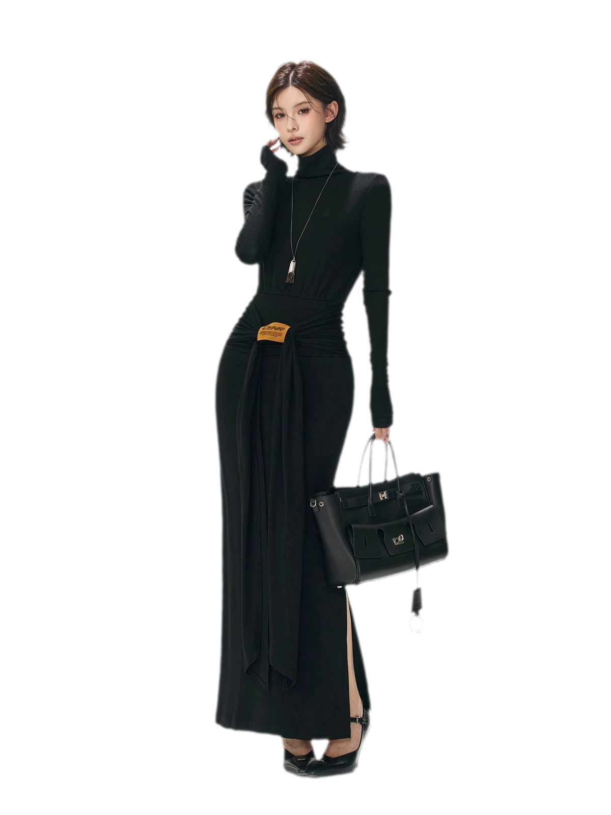 Turtleneck Ruched Waist Knit Dress