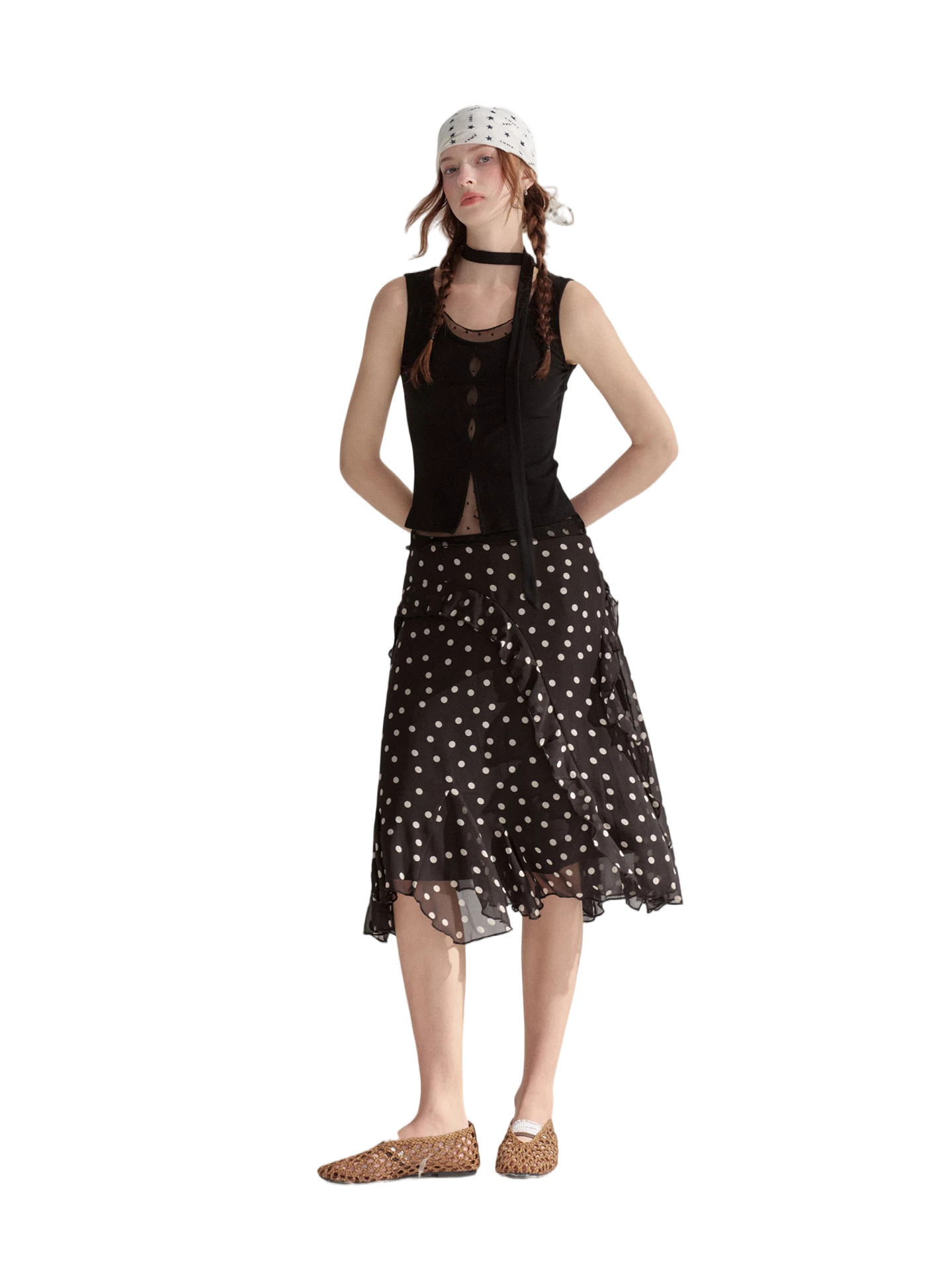 Ribbed Elastic Dot Mesh Sleeveless Top