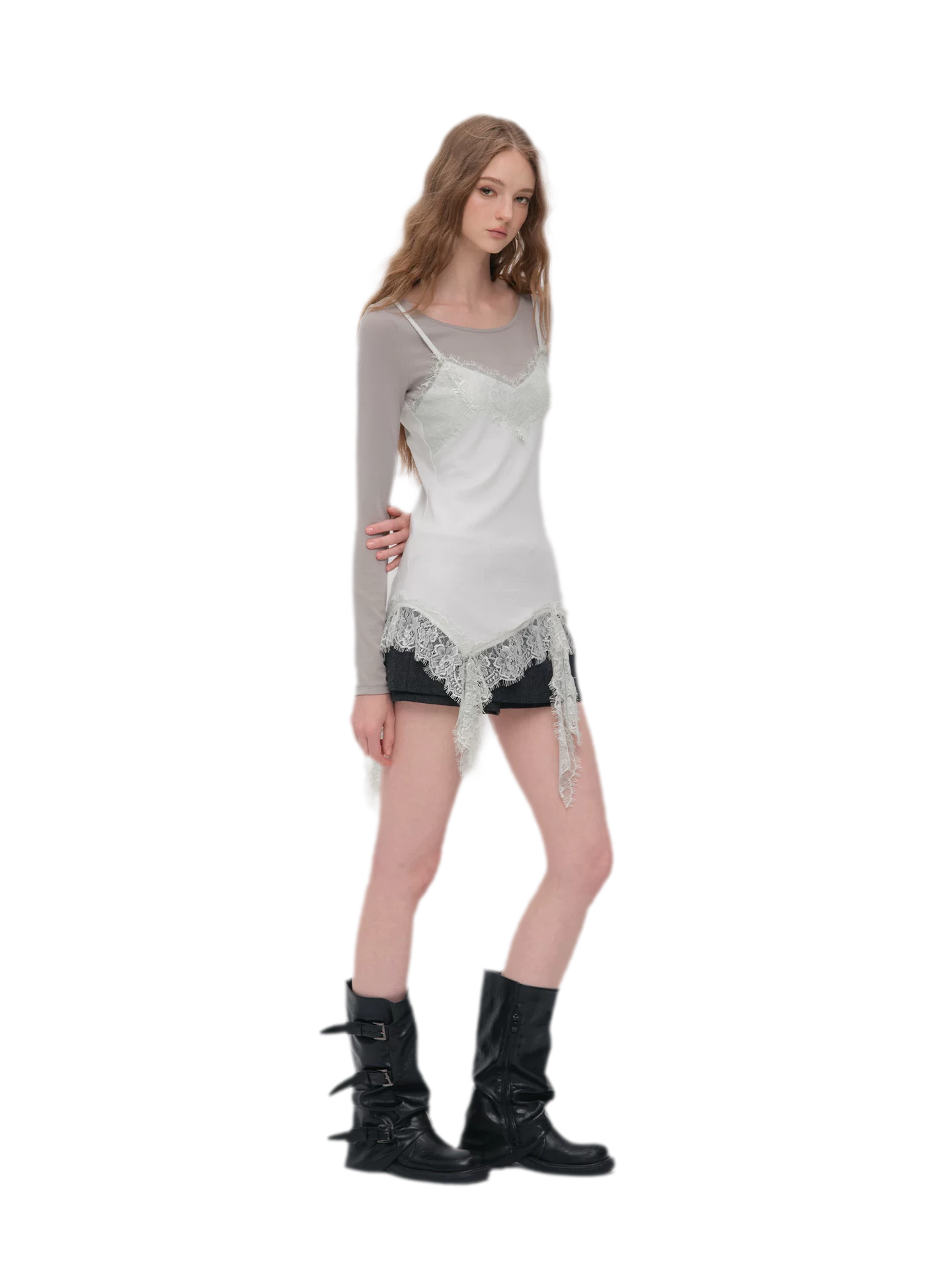 Lace Trim Layered Long-Sleeve Top