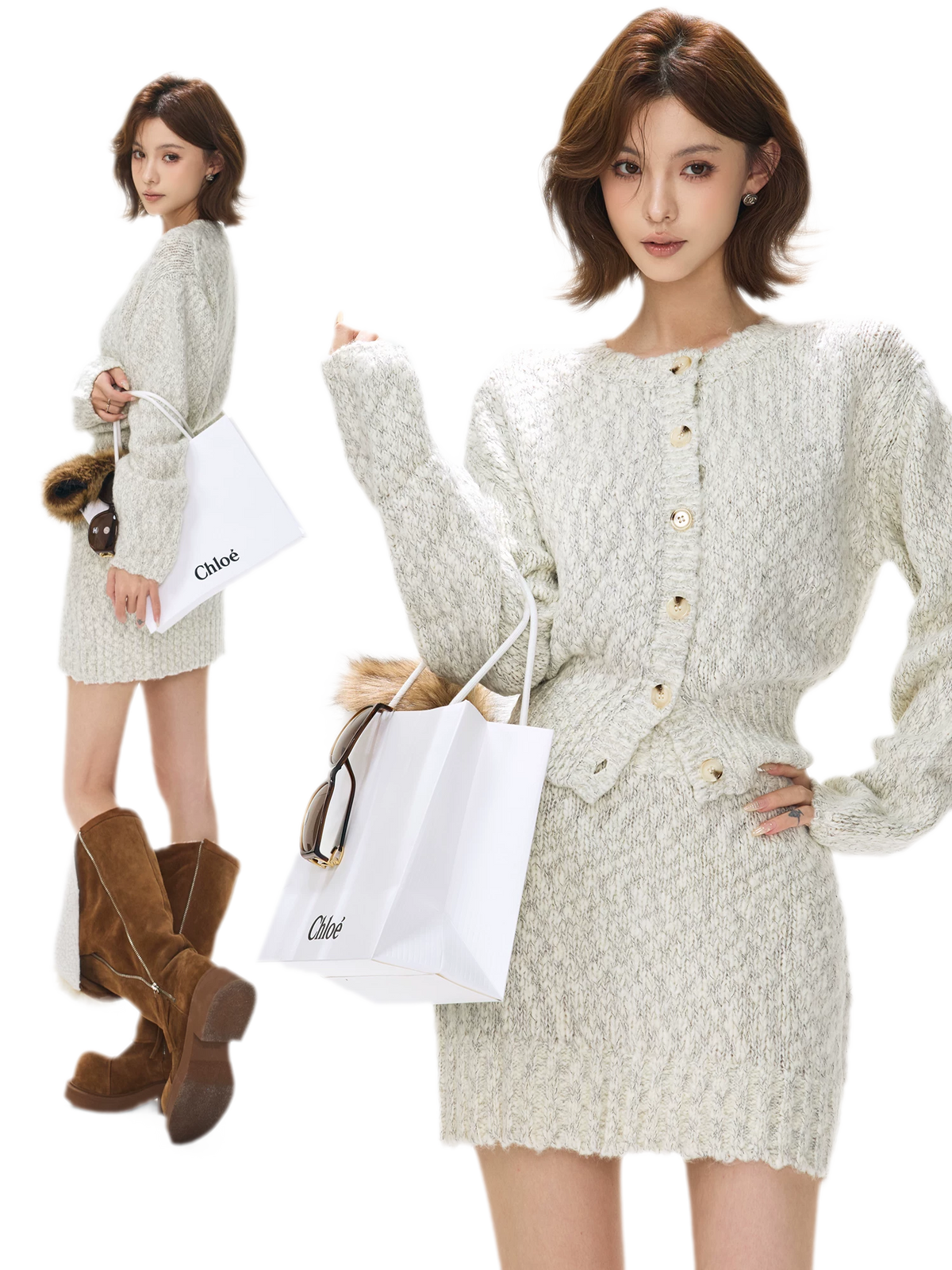 Fluffy Wool Knit Cardigan Set