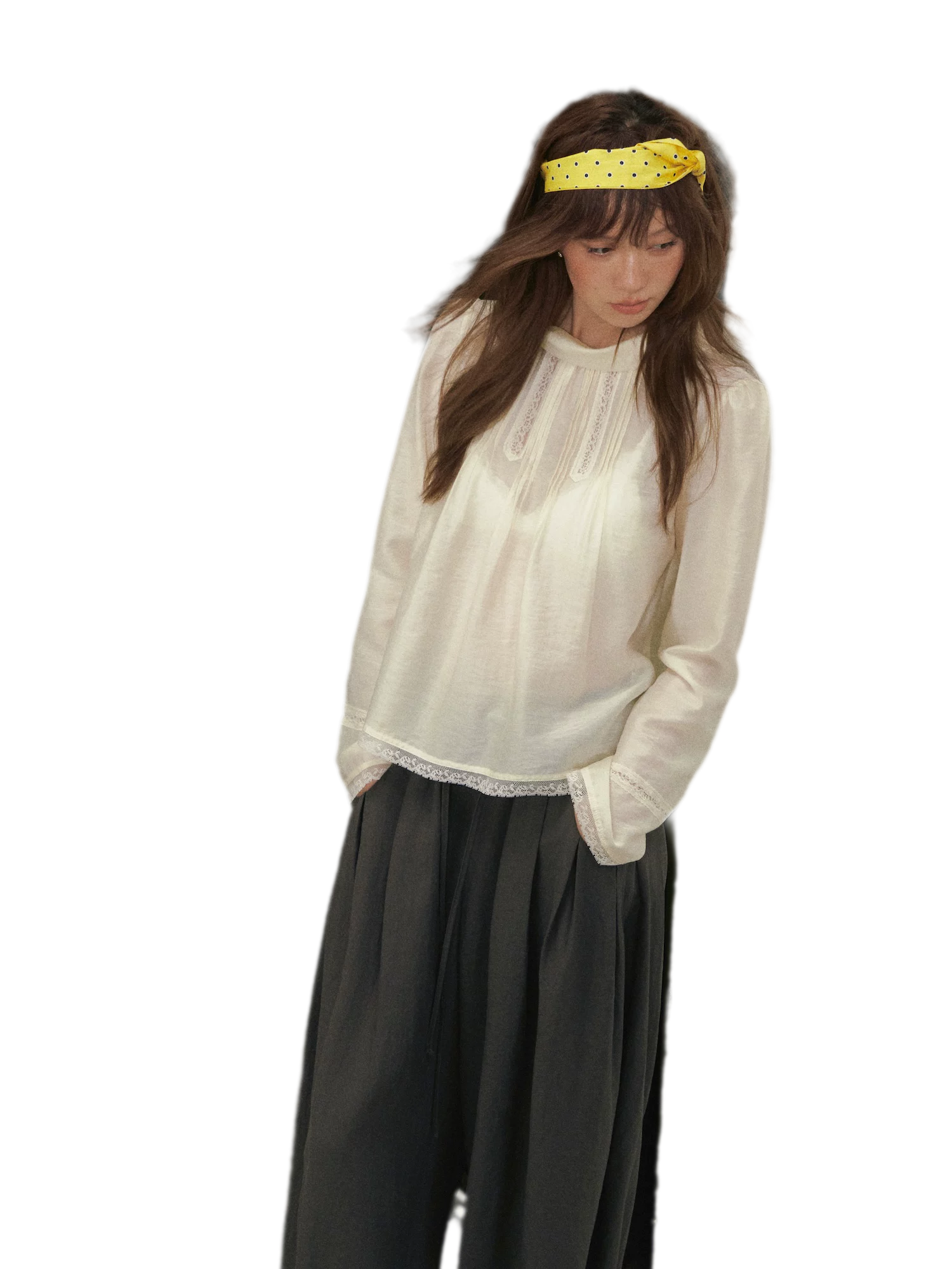 Pintuck Lace Cuff Blouse
