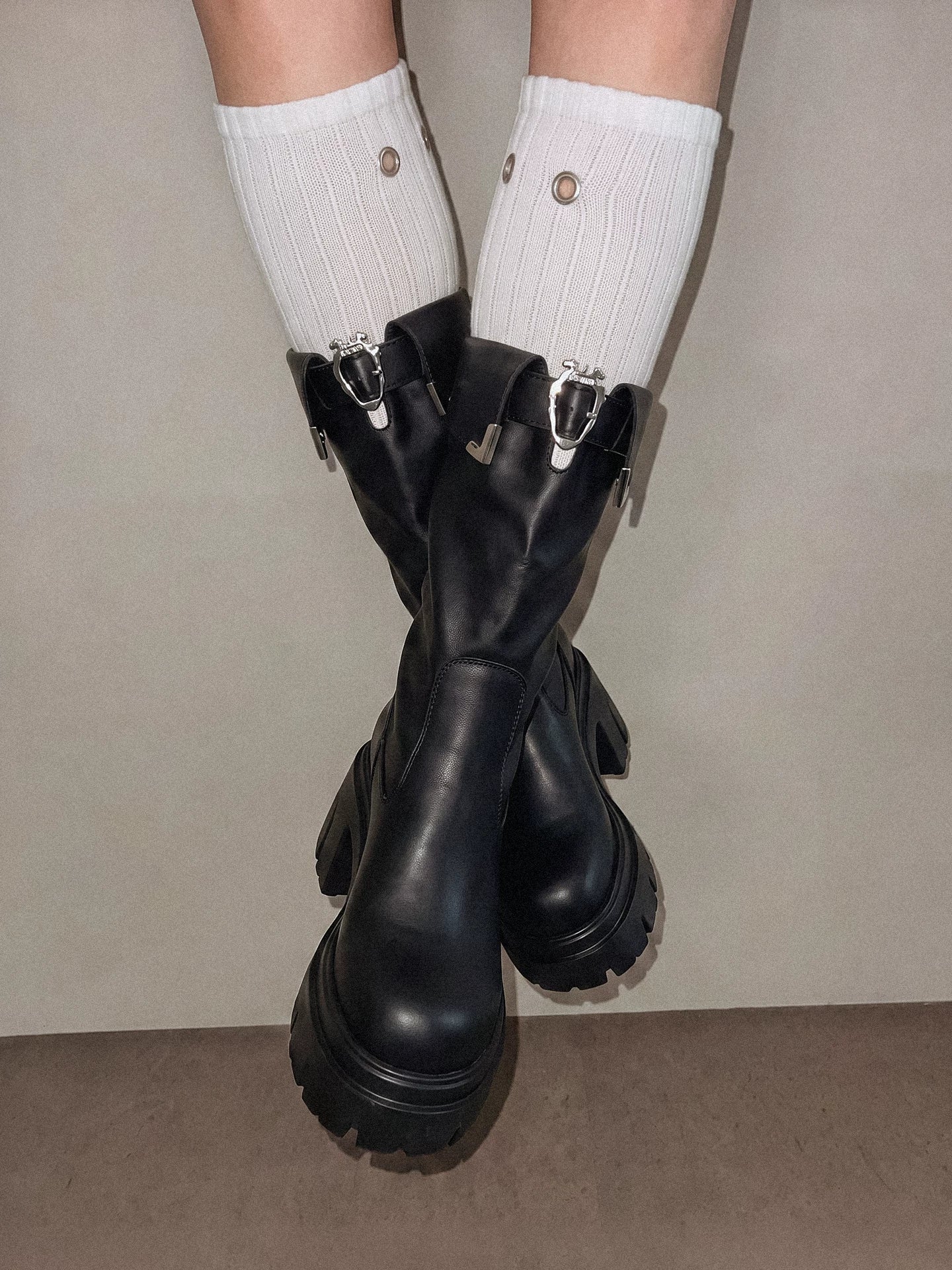 Metallic Strap Platform Mid-Calf Boots