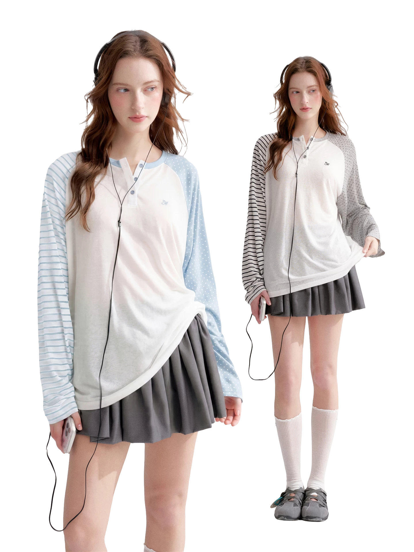Striped Polka Dot Raglan Sleeve Long Sleeve Pullover