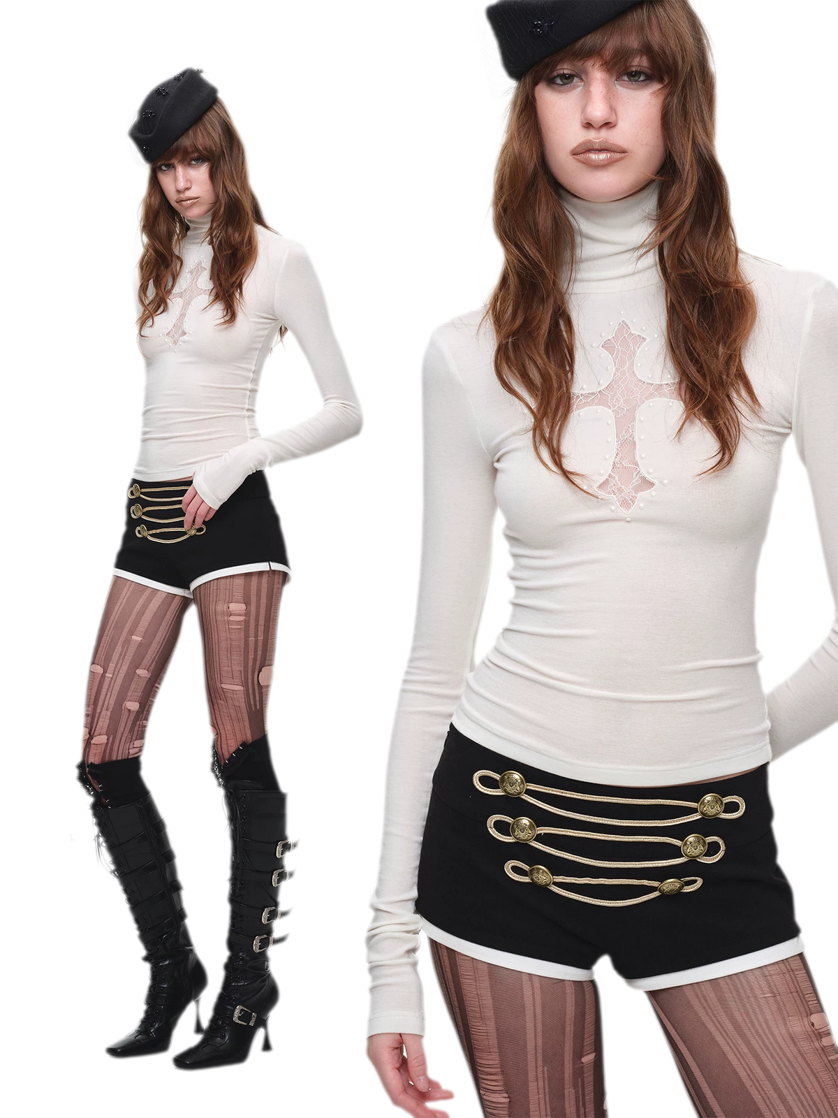 Rhinestone Lace Turtleneck Knit Top