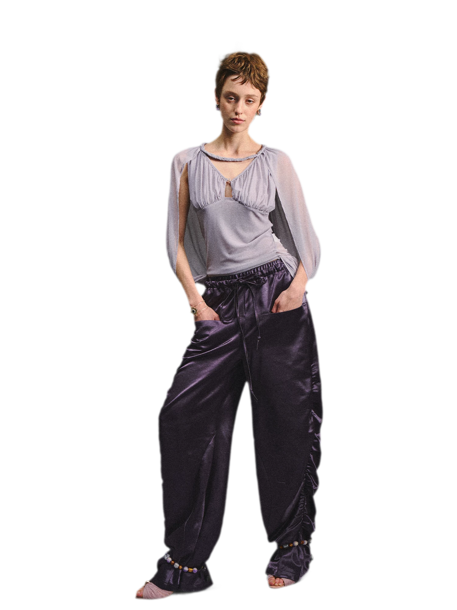 Satin Jogger Pants with Beaded Drawstring