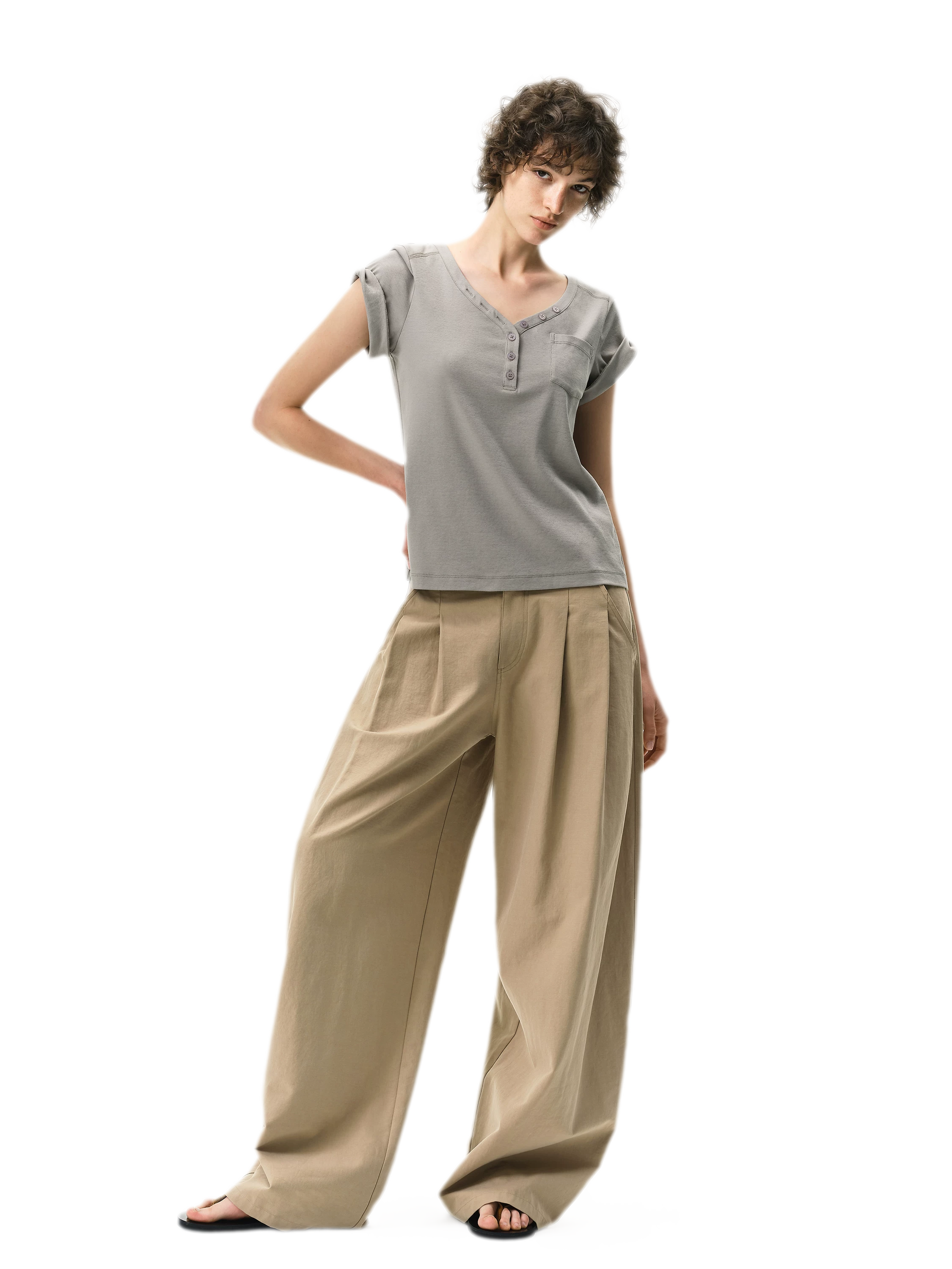 Curved Linen-Blend Pants