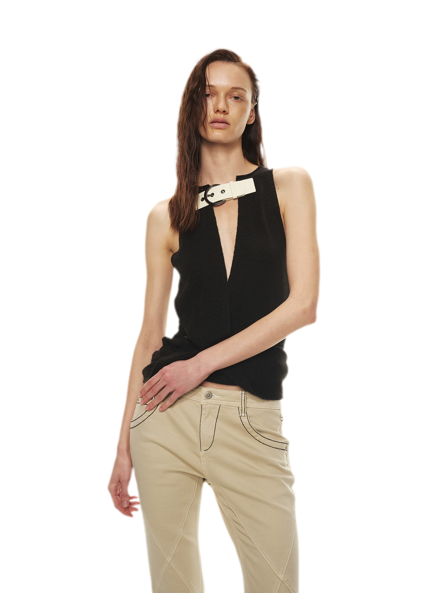 Stylish Patchwork Leather Buckle V-Neck Sweater Vest