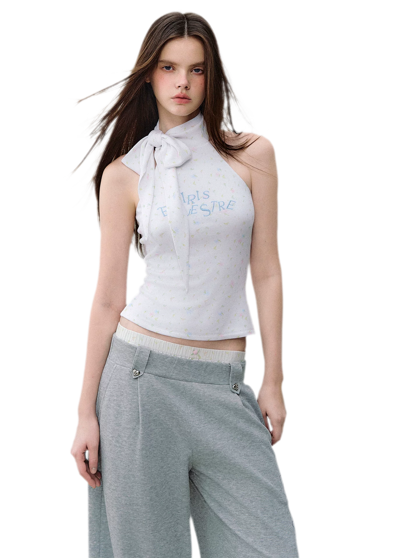 Printed Bow-Tie Halter Cropped Vest