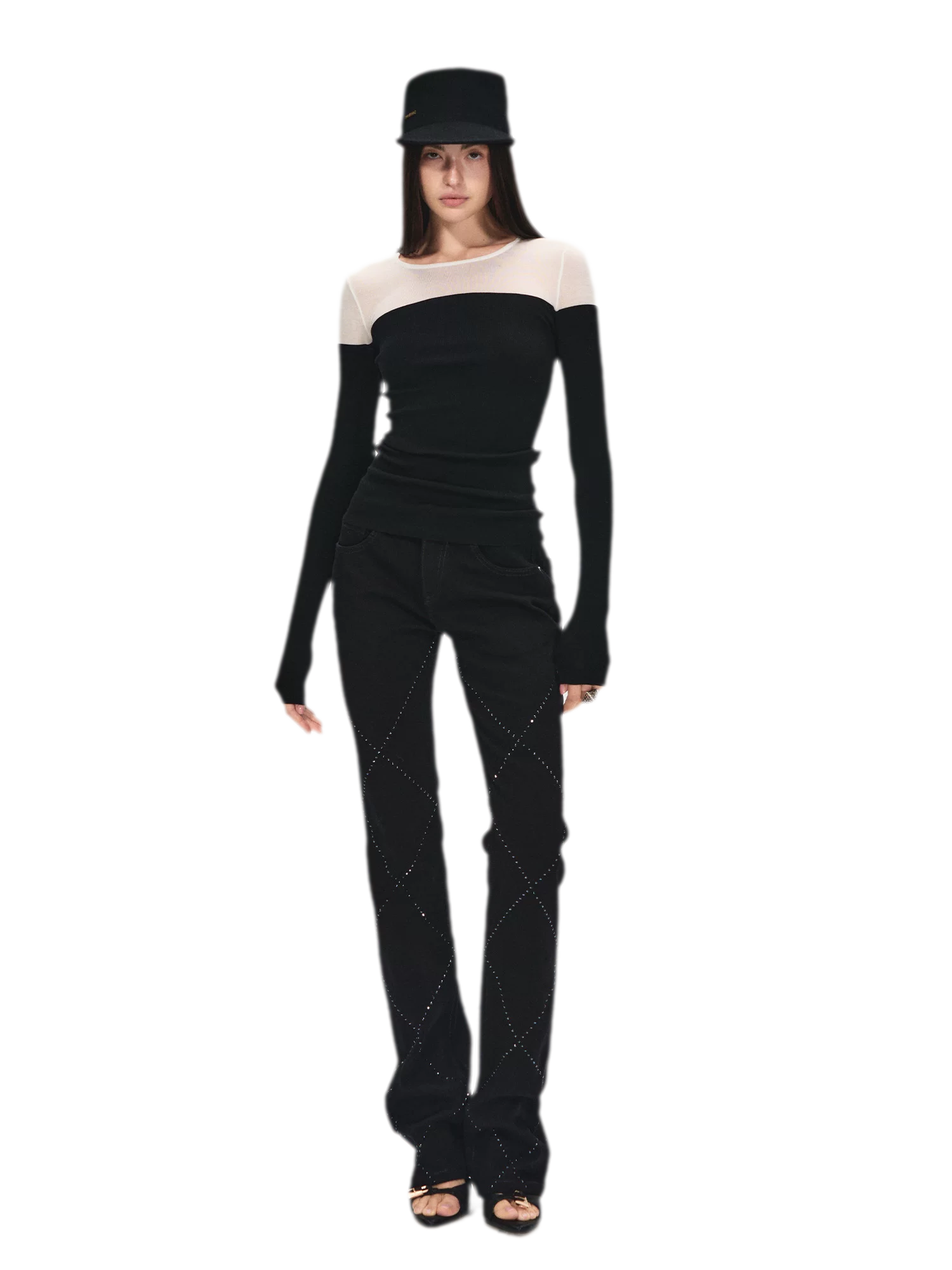 Stylish Quilted Rhinestone Mid-Low Waist Black Slim Flared
