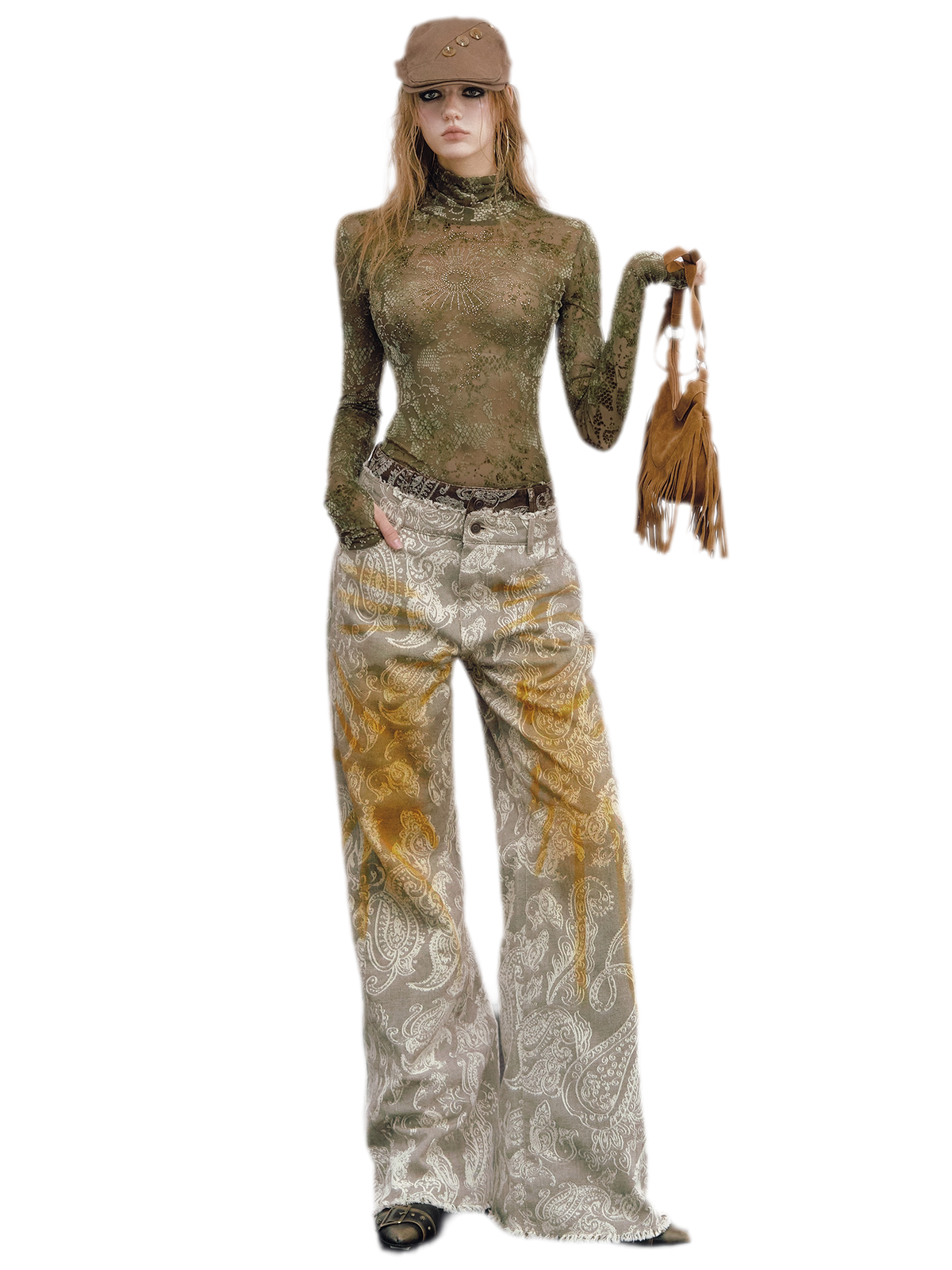 Paisley Double-Waist Frayed Jeans