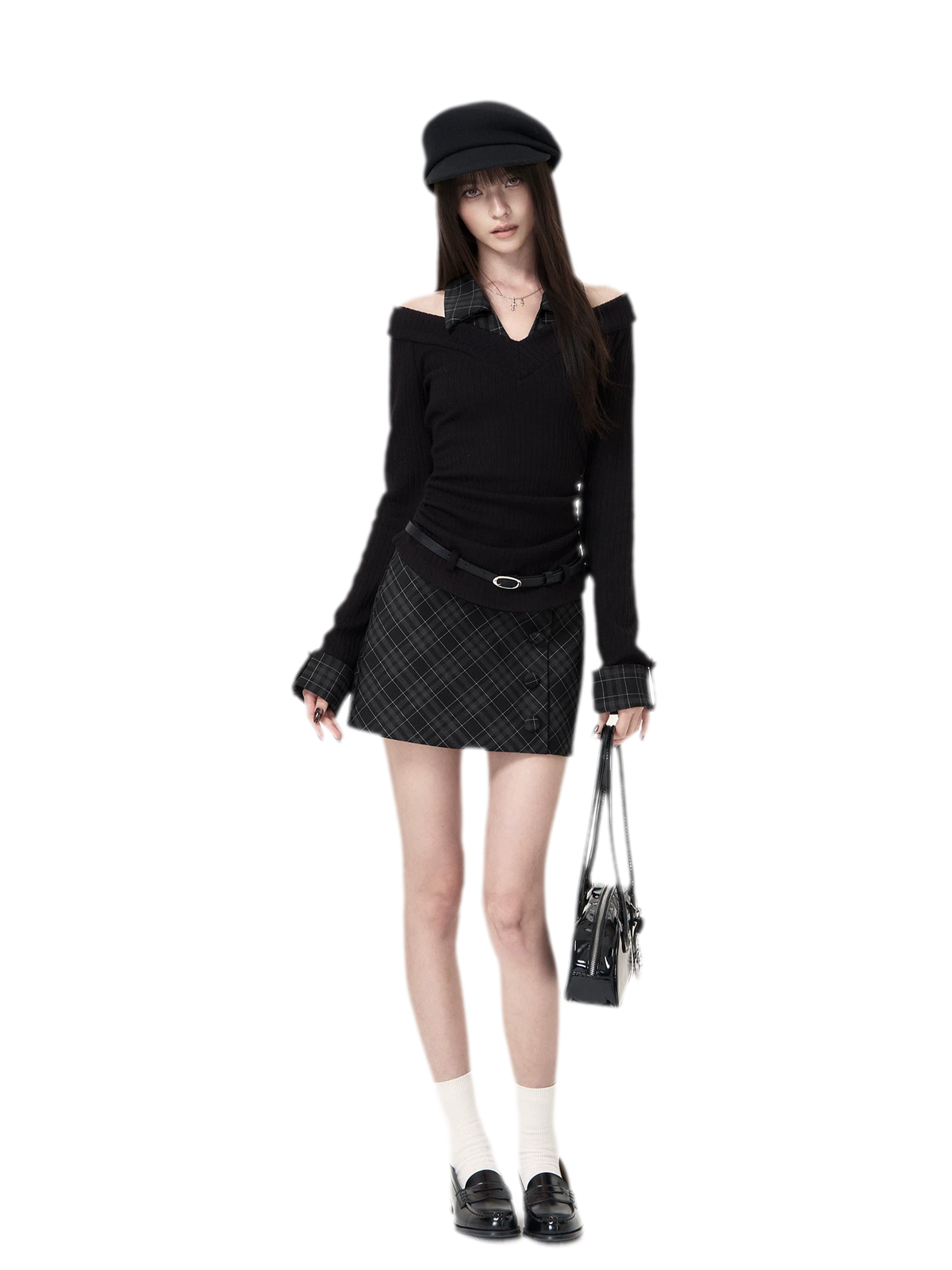 طقم من قطعتين محبوك بحياكة مضلعة بنقشة مربعات