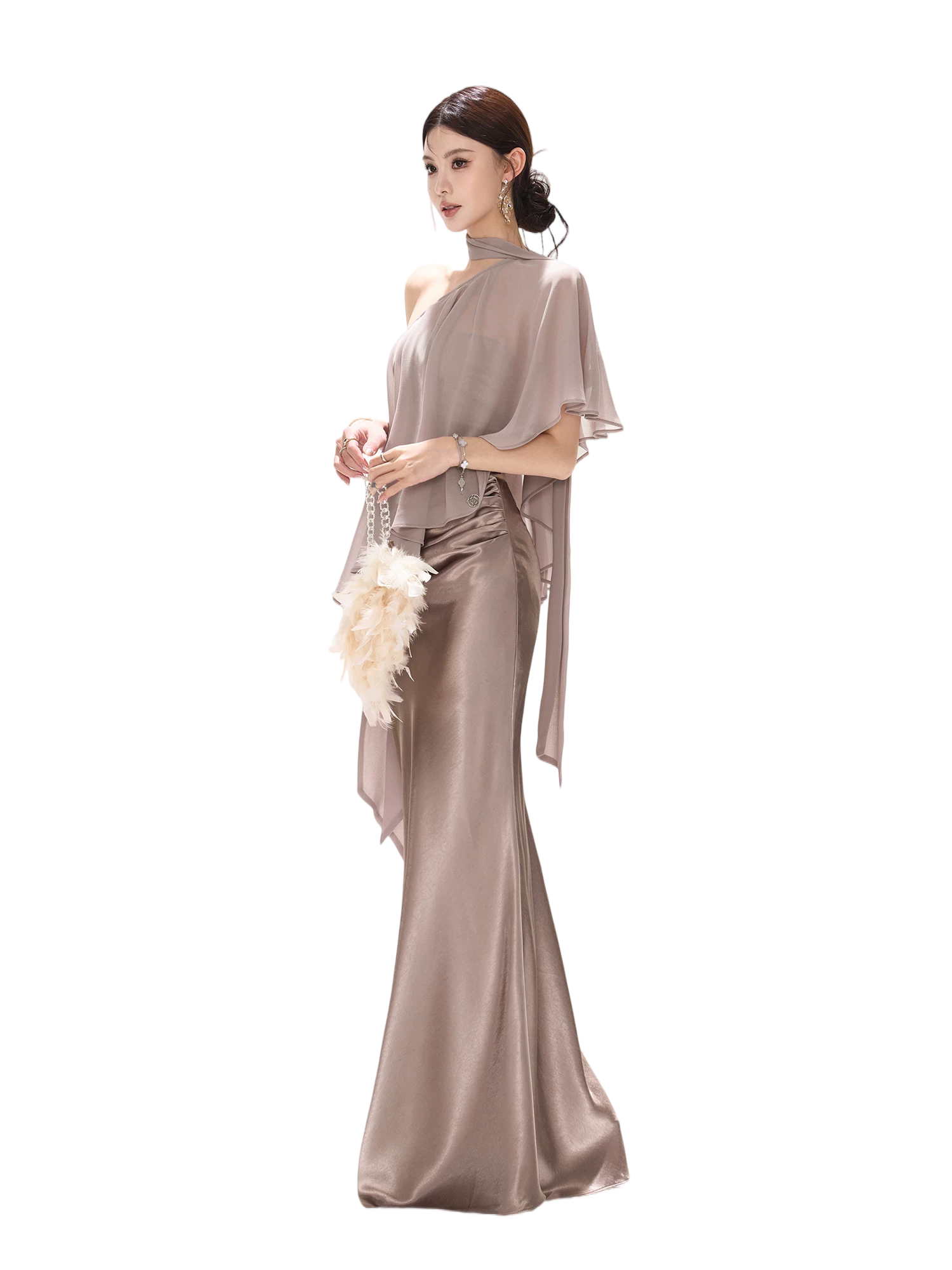 Elegant Asymmetric Chiffon Shawl Top with Built-in Bustier