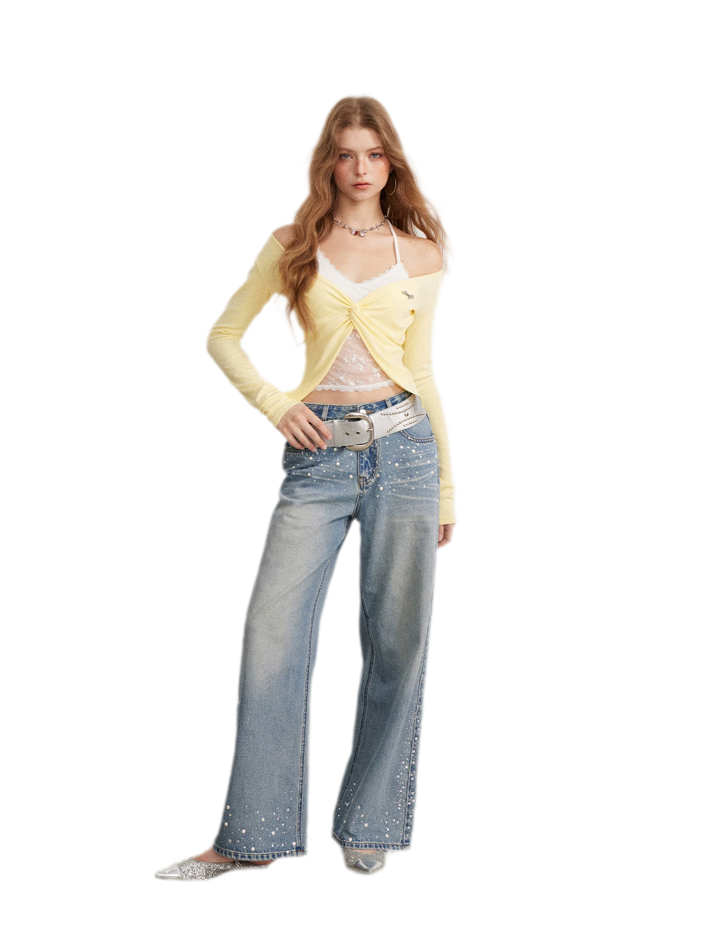 Rhinestone Pearl Wide-Leg Jeans