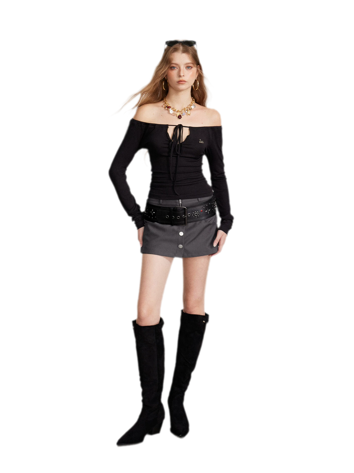 Drawstring Off-Shoulder Long-Sleeve Top