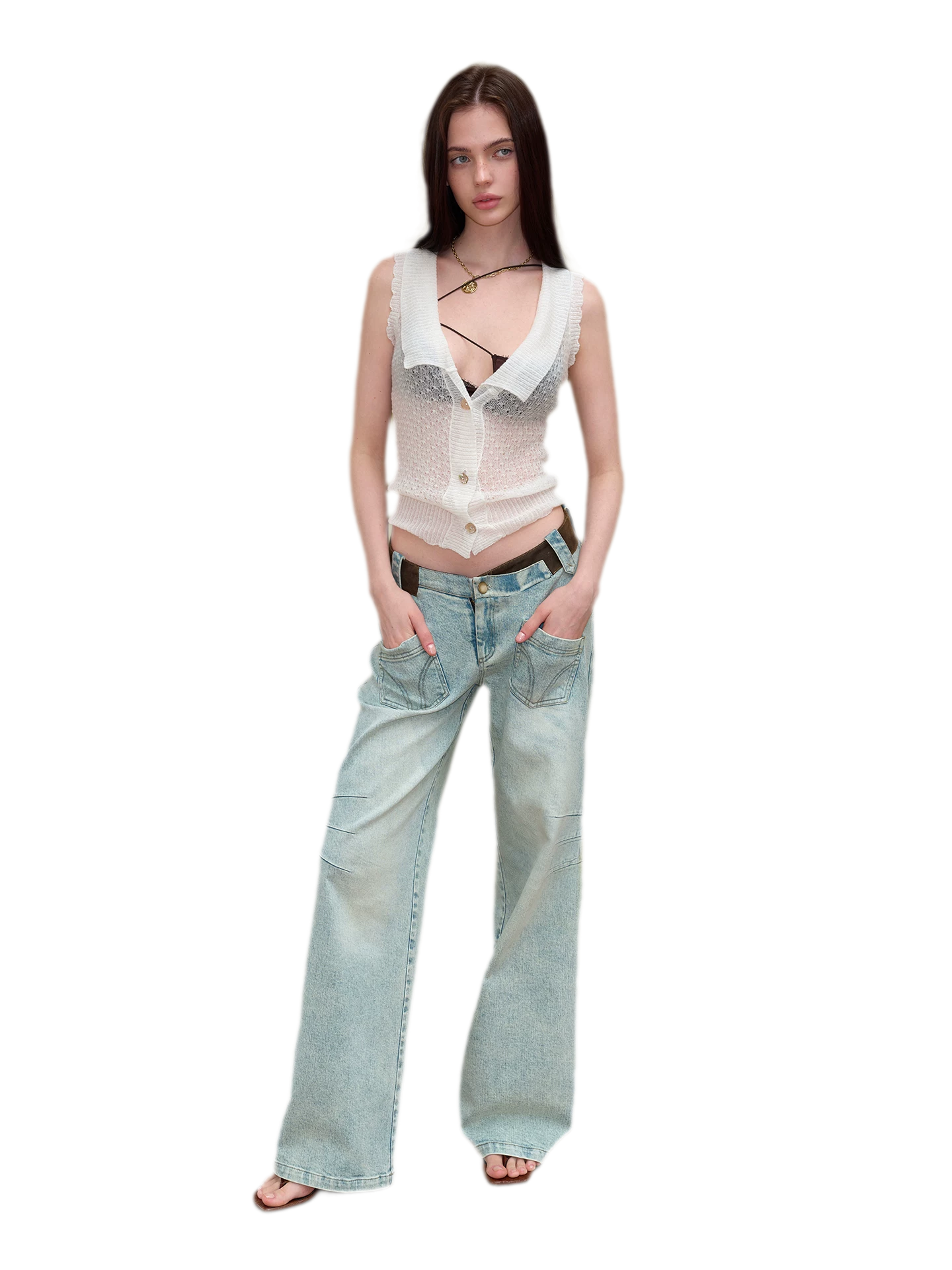 Vintage V-Waist Washed Blue Suede Patch Jeans