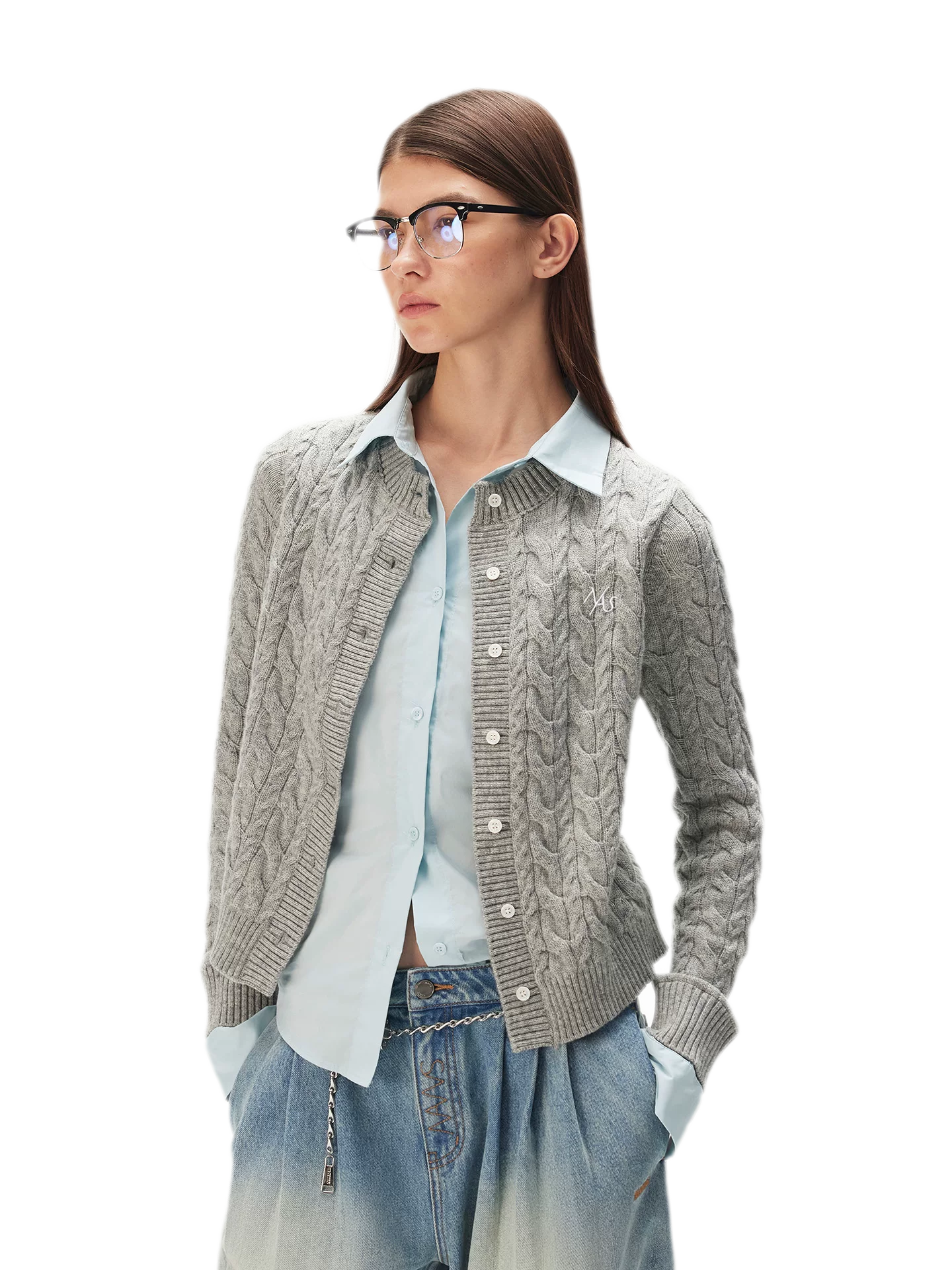 Cable Knit Faux-Layer Cardigan