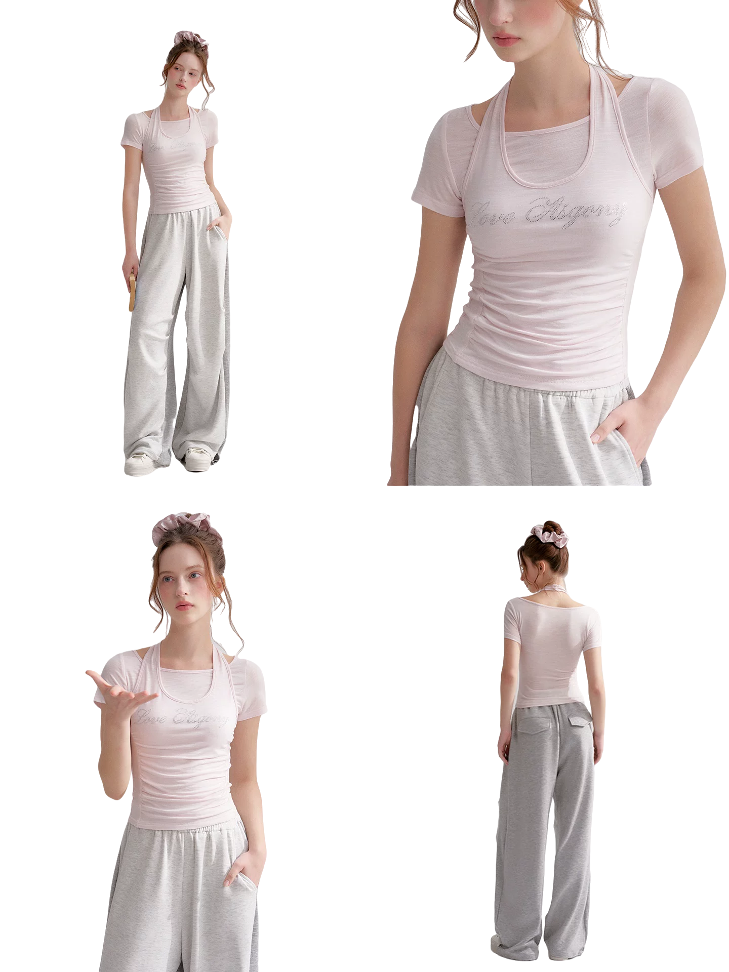 Lyocell Rhinestone Pleated Short Sleeve T-Shirt