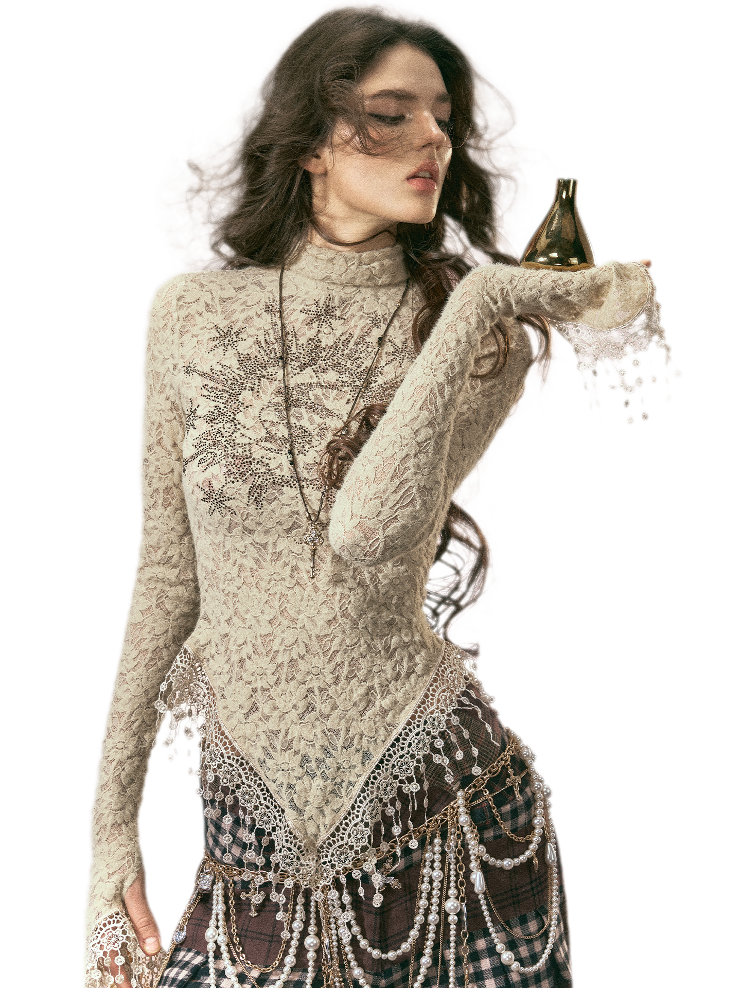 Rose Embellished High Neck Slim Lace Top