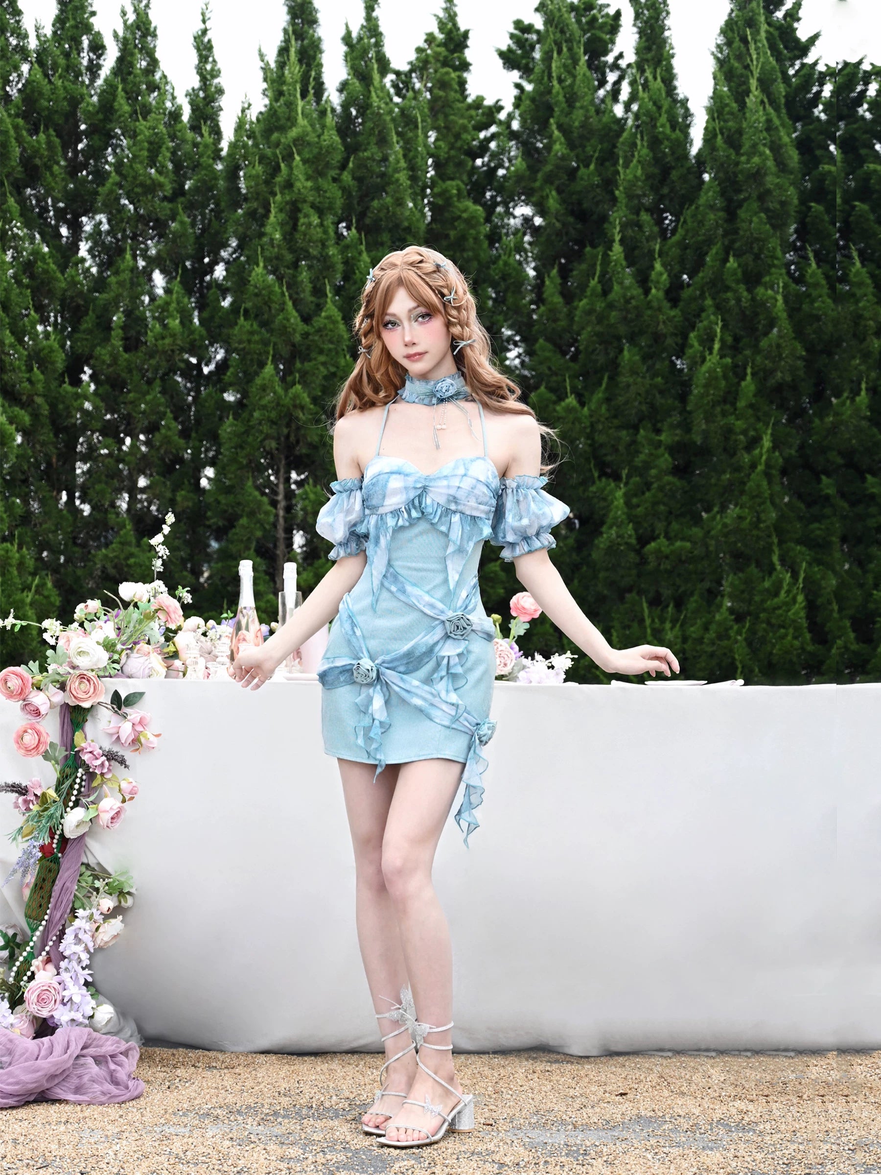 Rose Jacquard Halter Mini Dress