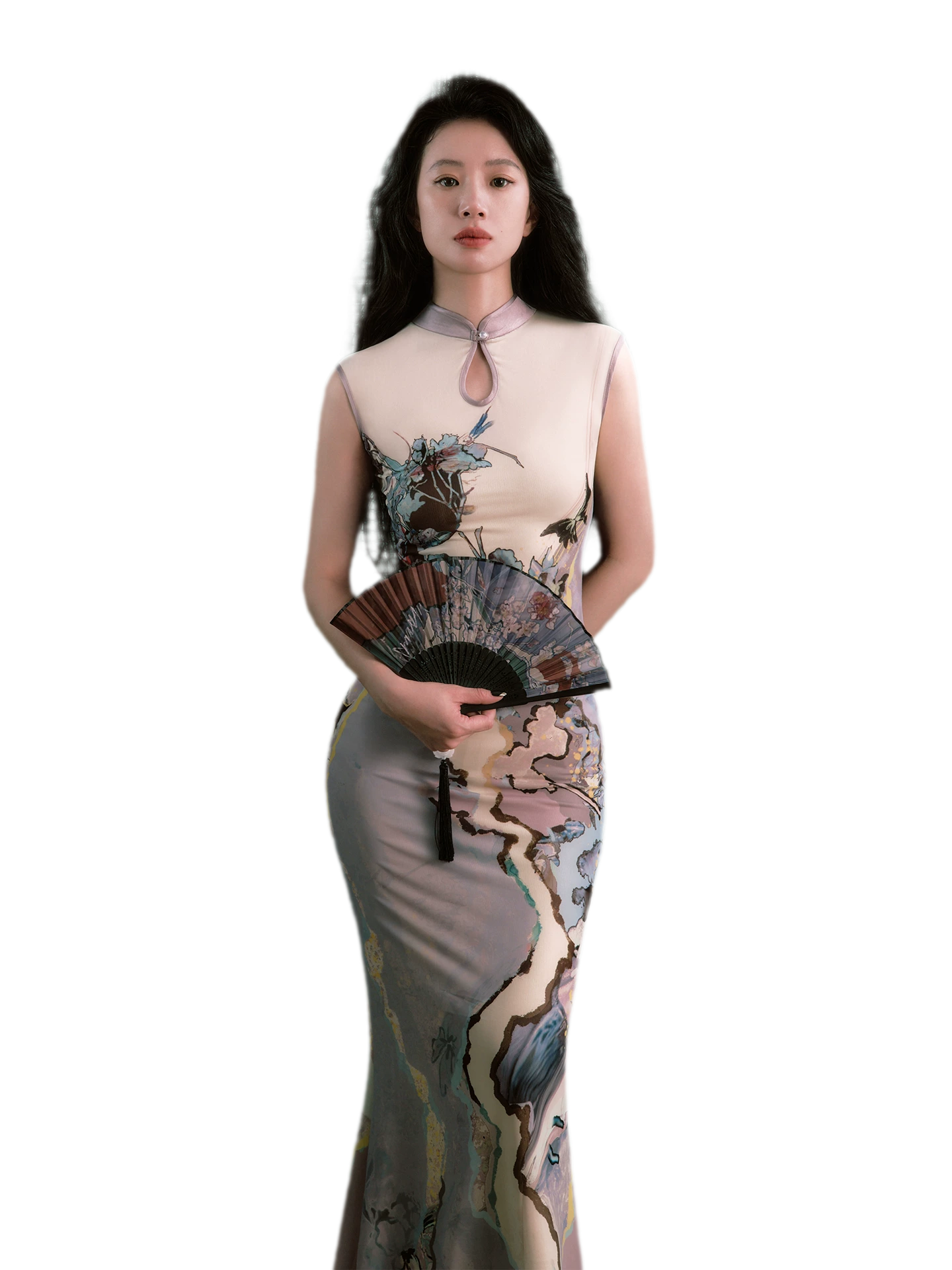 Roman Poem Printed Sleeveless Qipao Dress