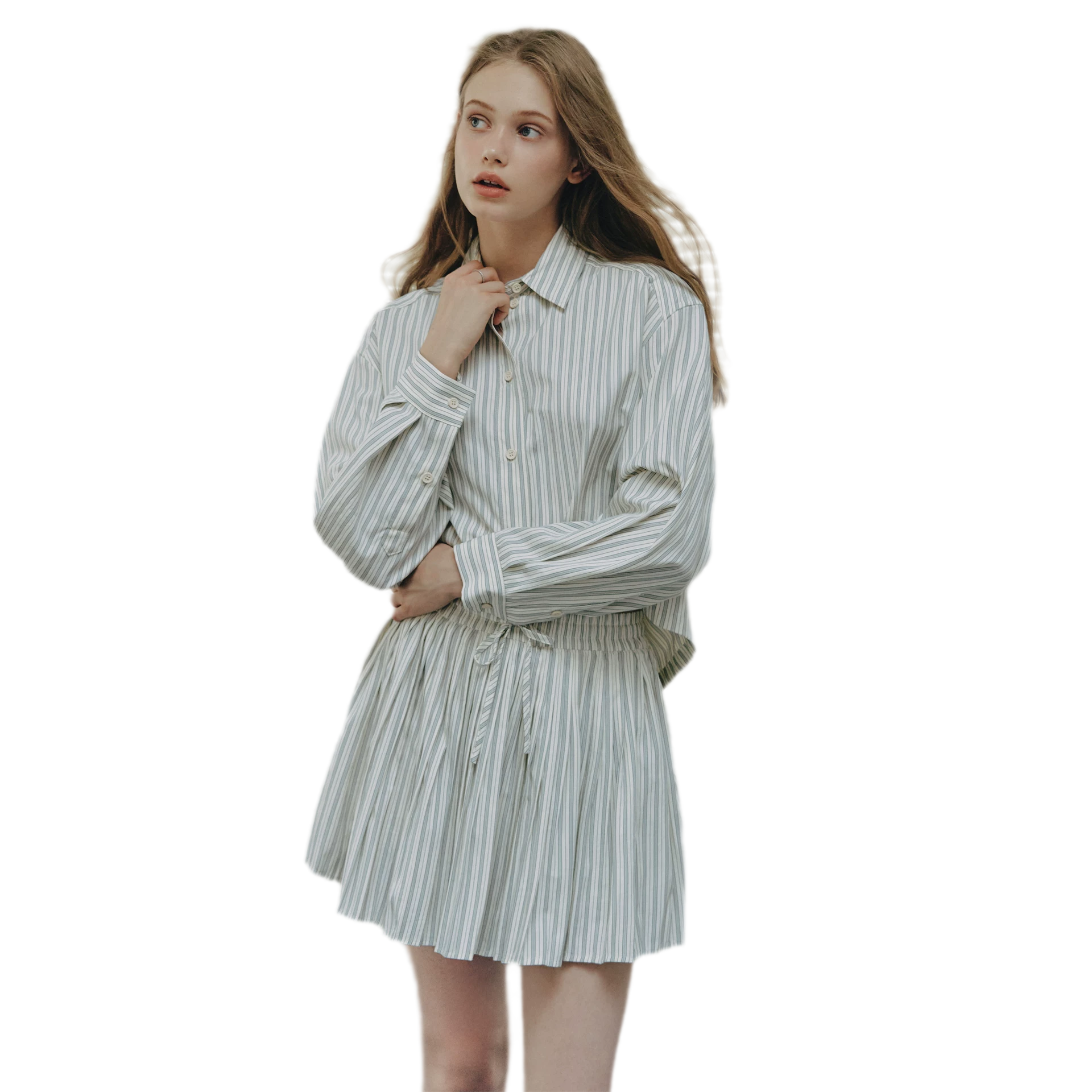 Striped Cropped Shirt Skirt Set