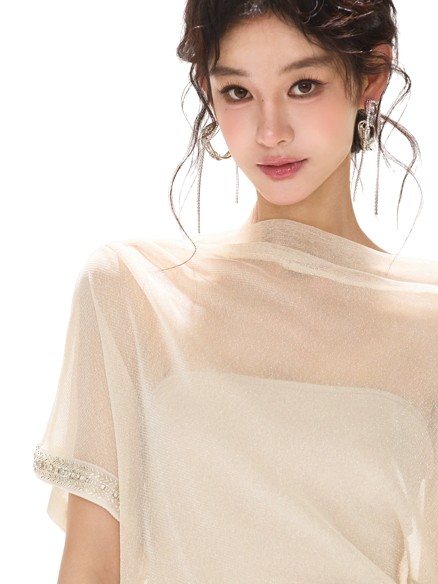Silver Mesh Beaded Batwing Sleeve Top