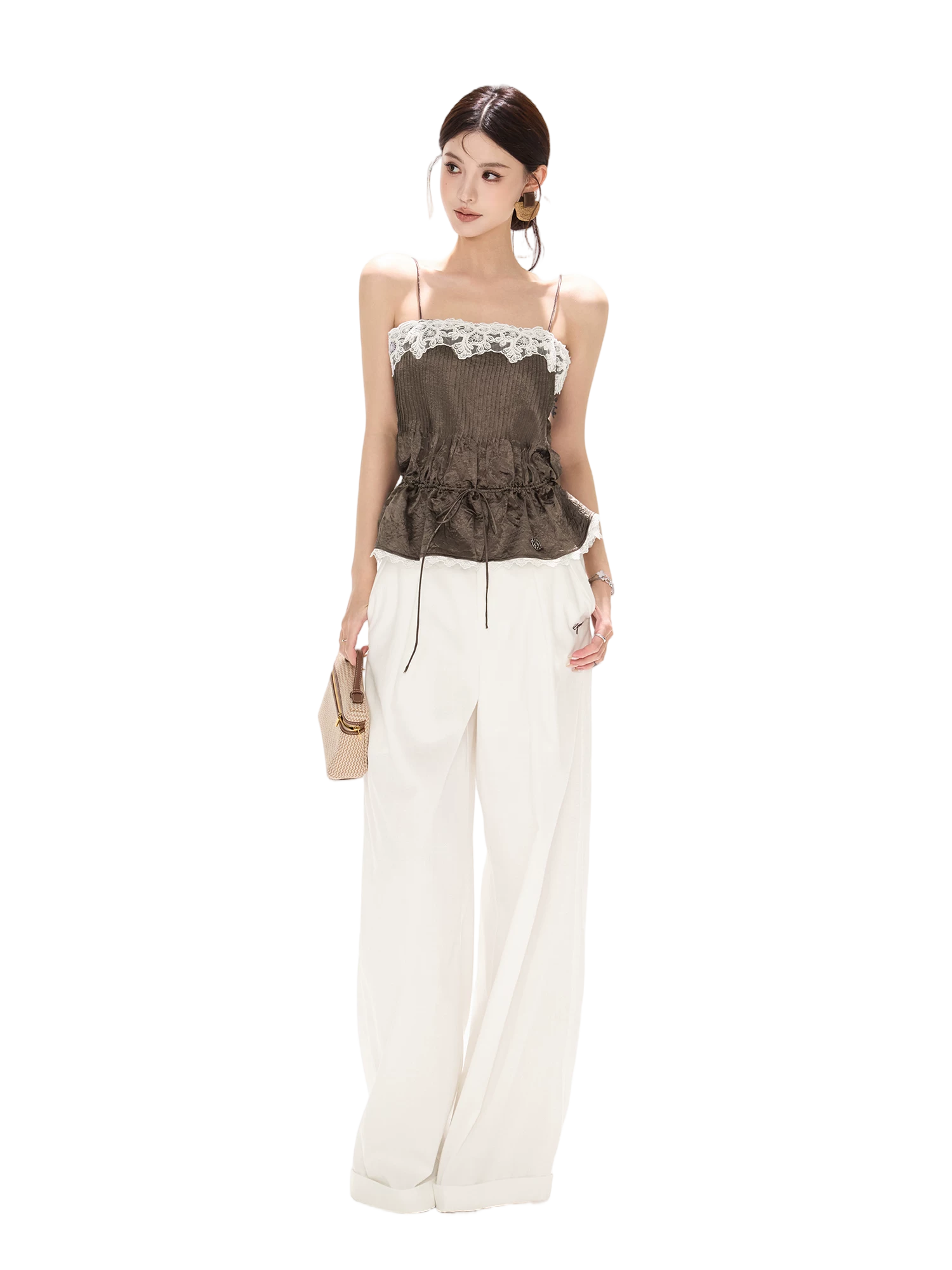 South France Holiday Contrast Lace Trim Ruffle Camisole