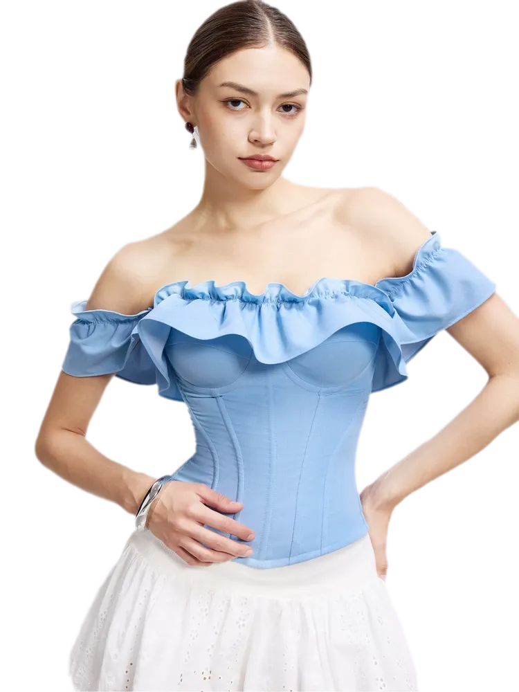Denim Ruffle Bustier Top