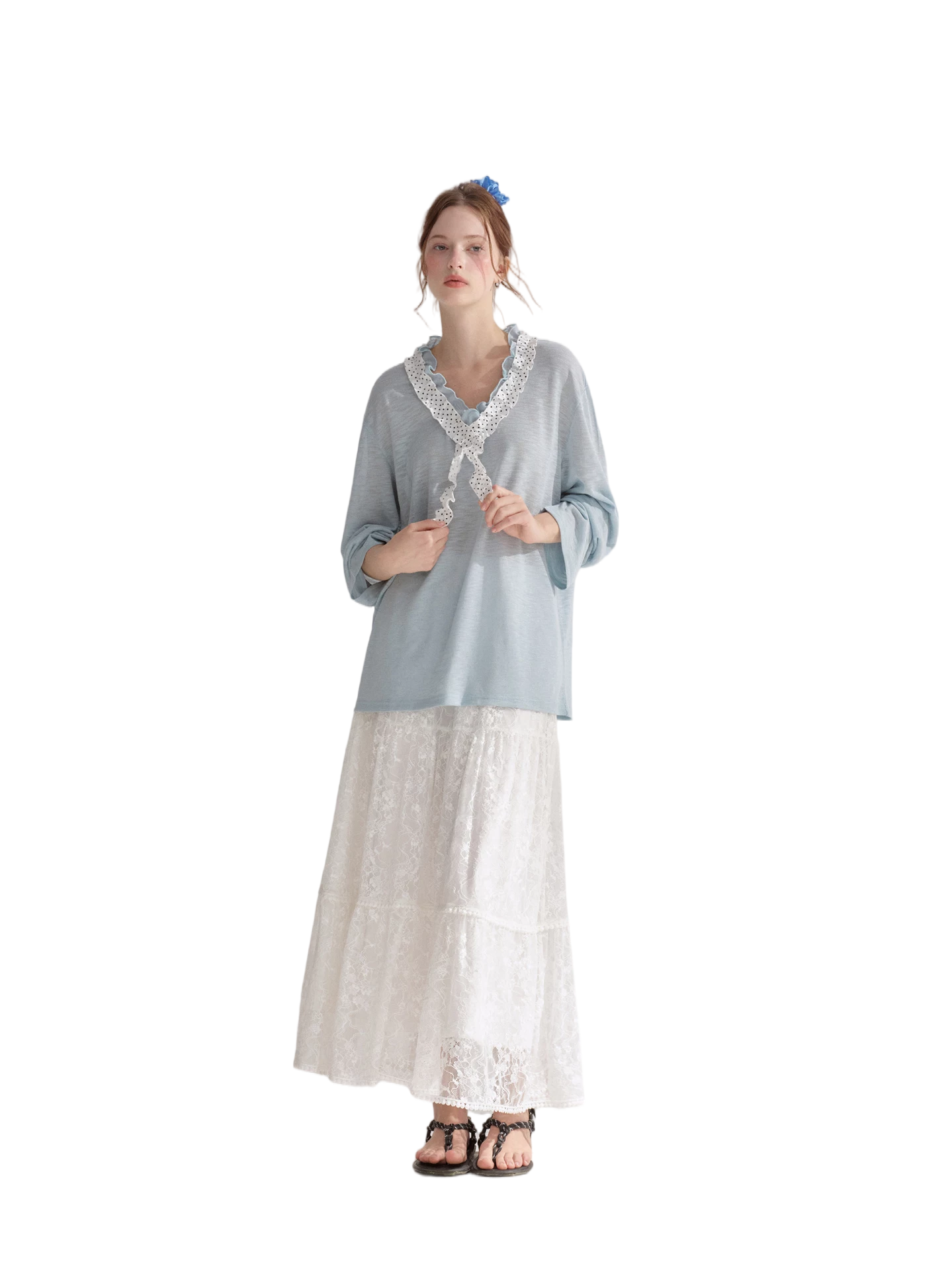 Lace Trim Elastic Waist A-line Long Skirt