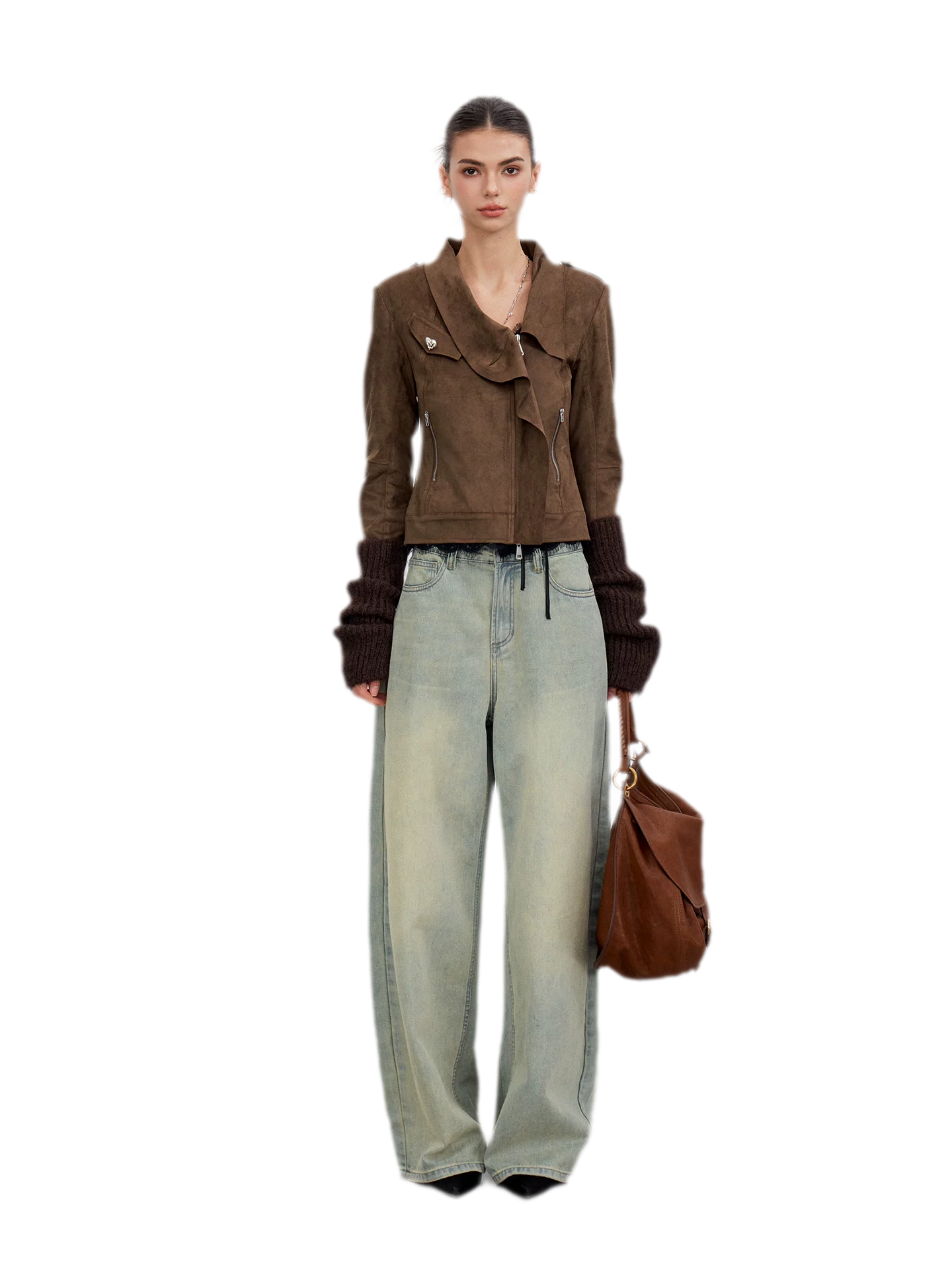 Suede-Effect Asymmetric Cropped Jacket