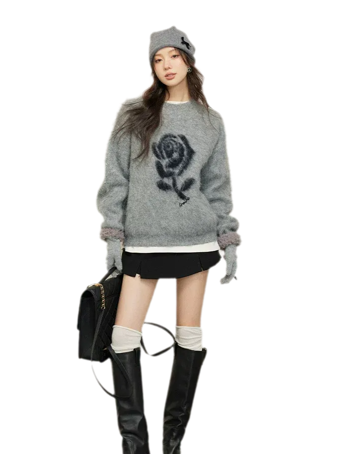 Rose Jacquard Grey Sweater